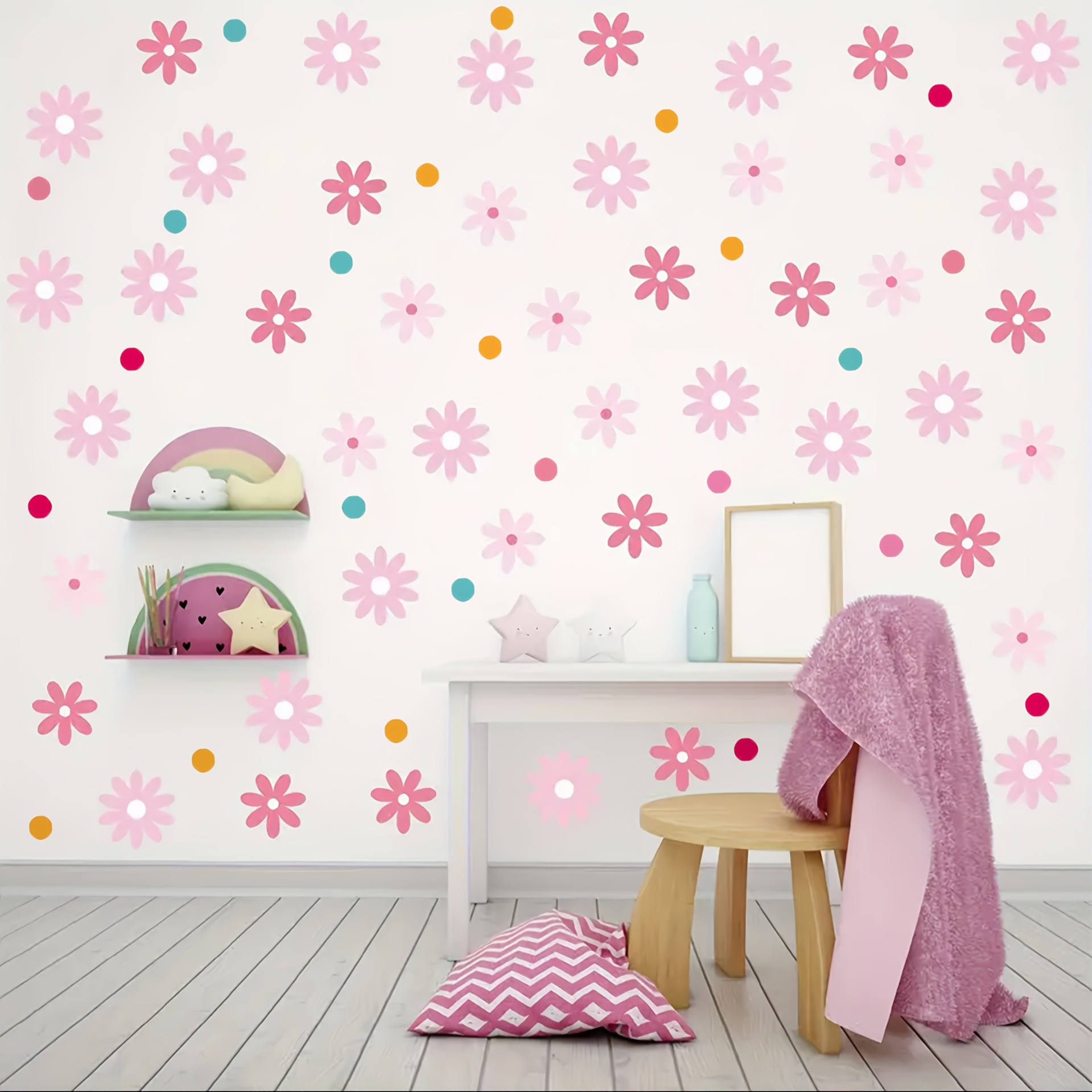 88pcs/4 Sets Of Daisy Wall Stickers, Pink Flower Home Decor Wall Decals, Self-adhesive Pvc Stickers For Wardrobes, -adhesive Pvc Wall Stickers For Living Rooms