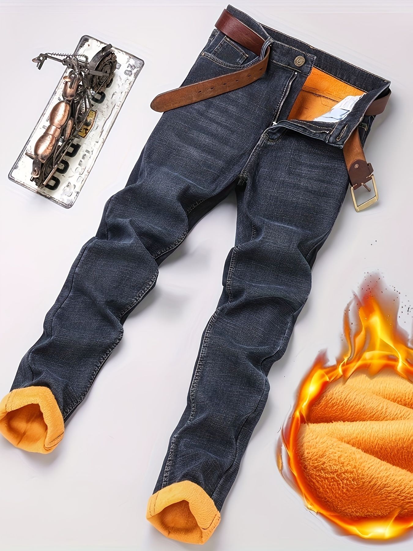 men's warm fleece lined thick jeans fall winter casual Temu