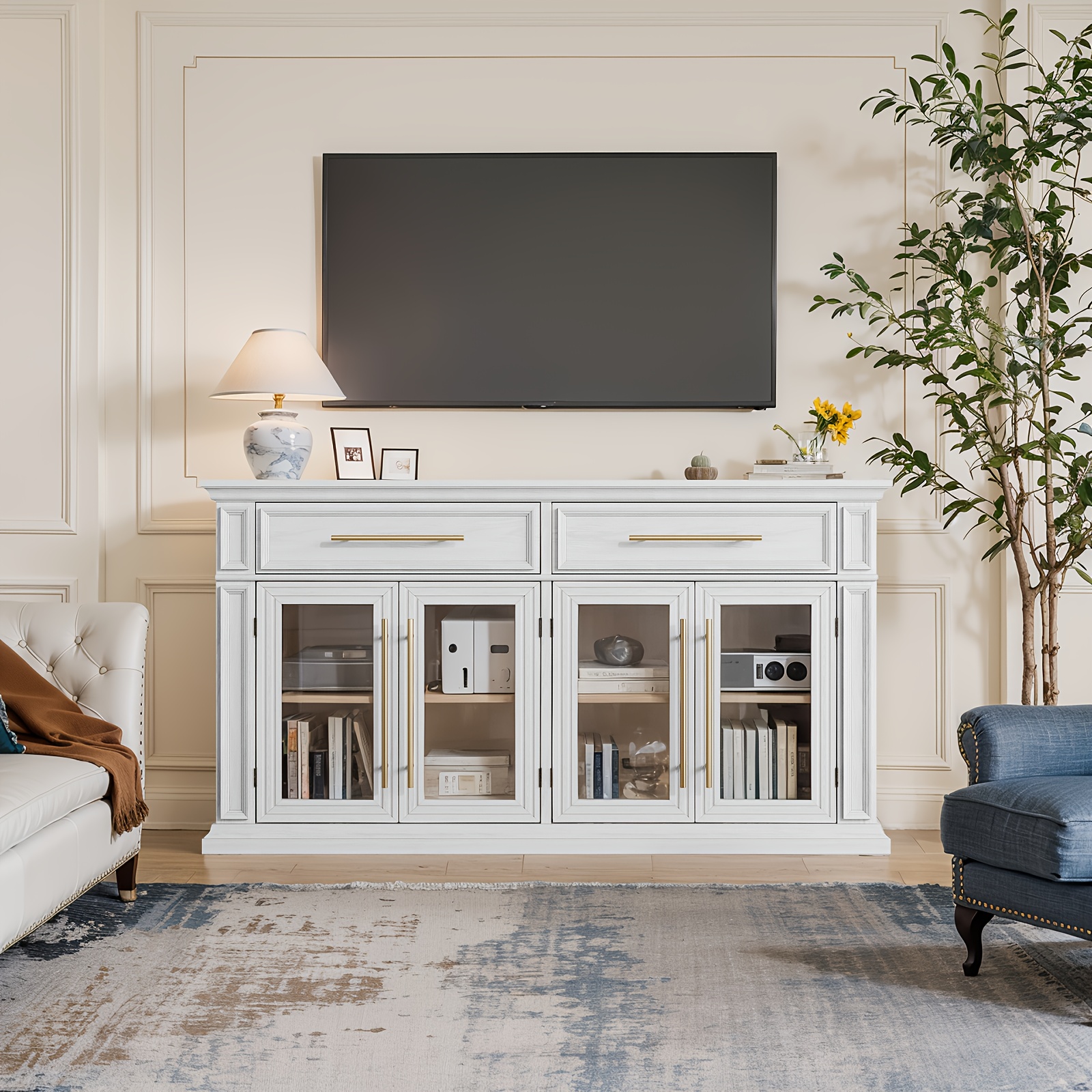 63 Mid-Century Modern Sideboard Cabinet - 2 Smooth-Opening Drawers & 4 Stylish Doors for Spacious Kitchen Storage, Perfect Coffee Bar Accent with Timeless Design