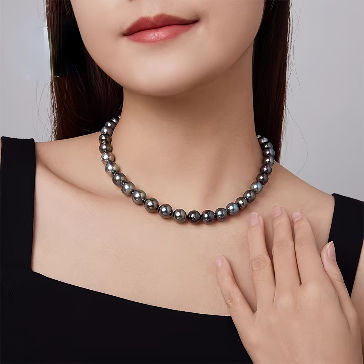 

1pc Elegant Natural Freshwater Pearl Necklace, Semi-round Pearls, Peacock Blue-black Color, Simple Yet Luxurious For Daily Wear, Parties, Vacations, Weddings, Gifts For Women, Unisex High-end Jewelry