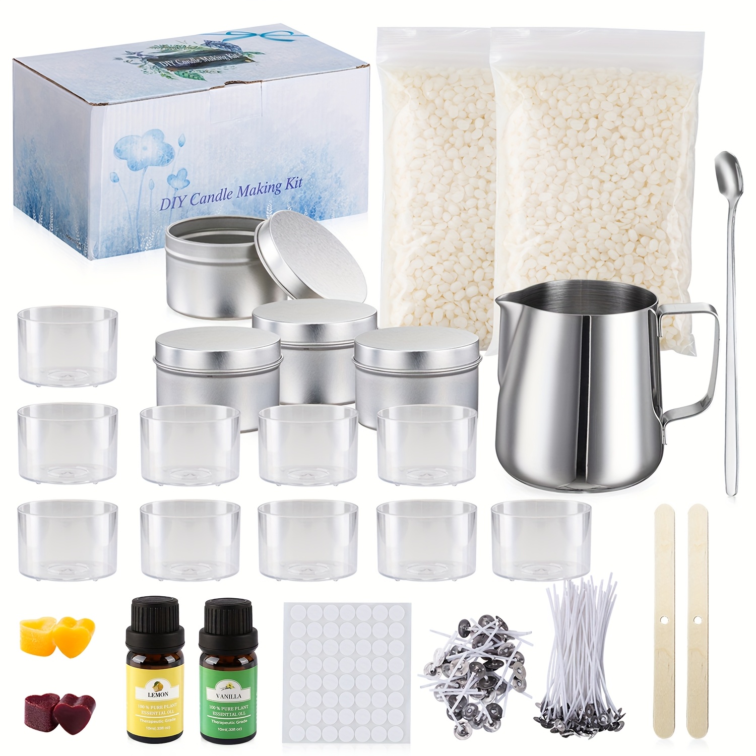 DIY Candle Making Kit with Soy Wax, Essential Oils, Colored Wax Blocks, Wicks, Stirring Spoon, Pouring Cup, and Storage Jar – Complete Begin