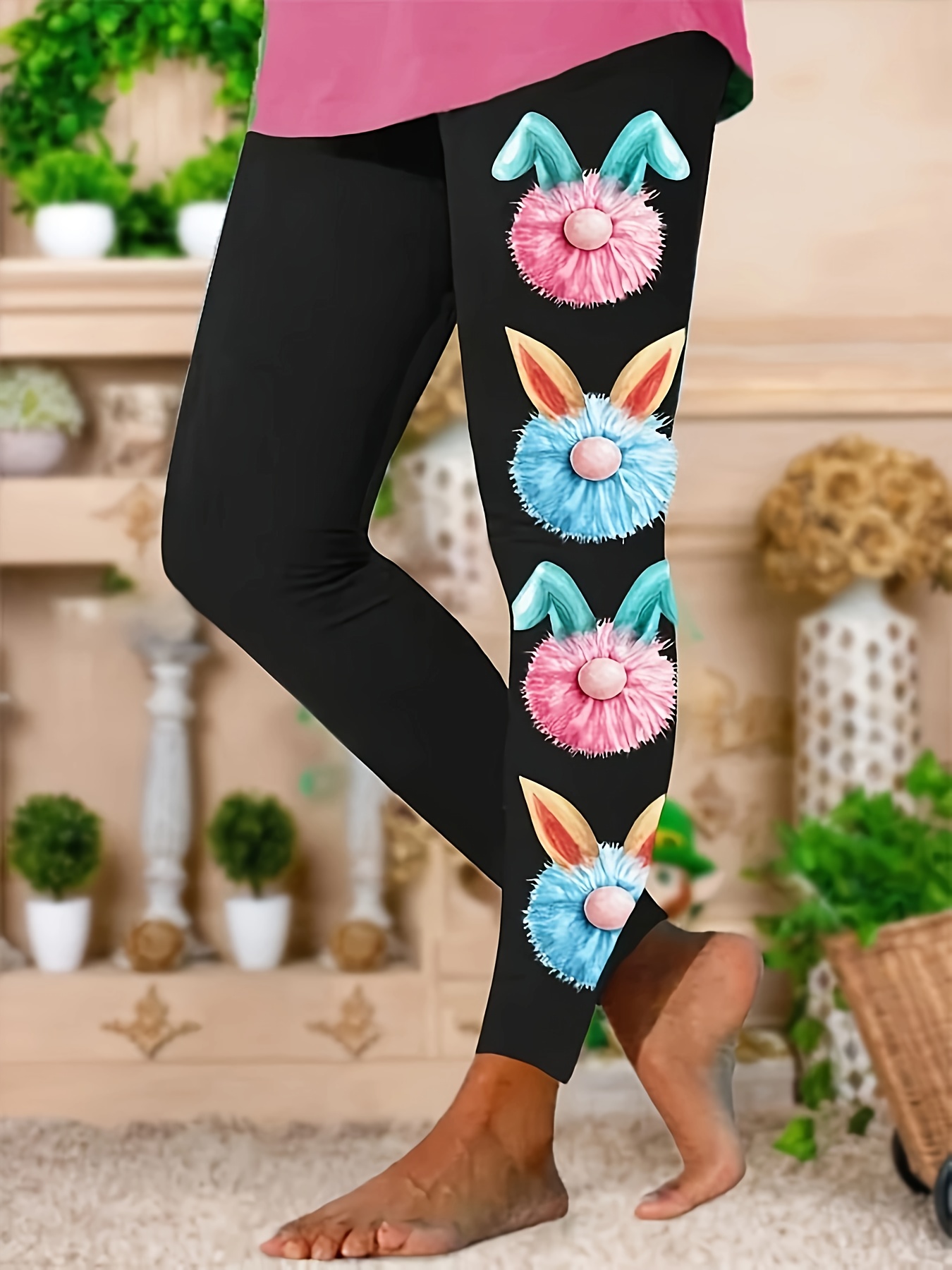 Bunny Embroidery Leggings Girls Thick Fleece Pants Fall - Temu