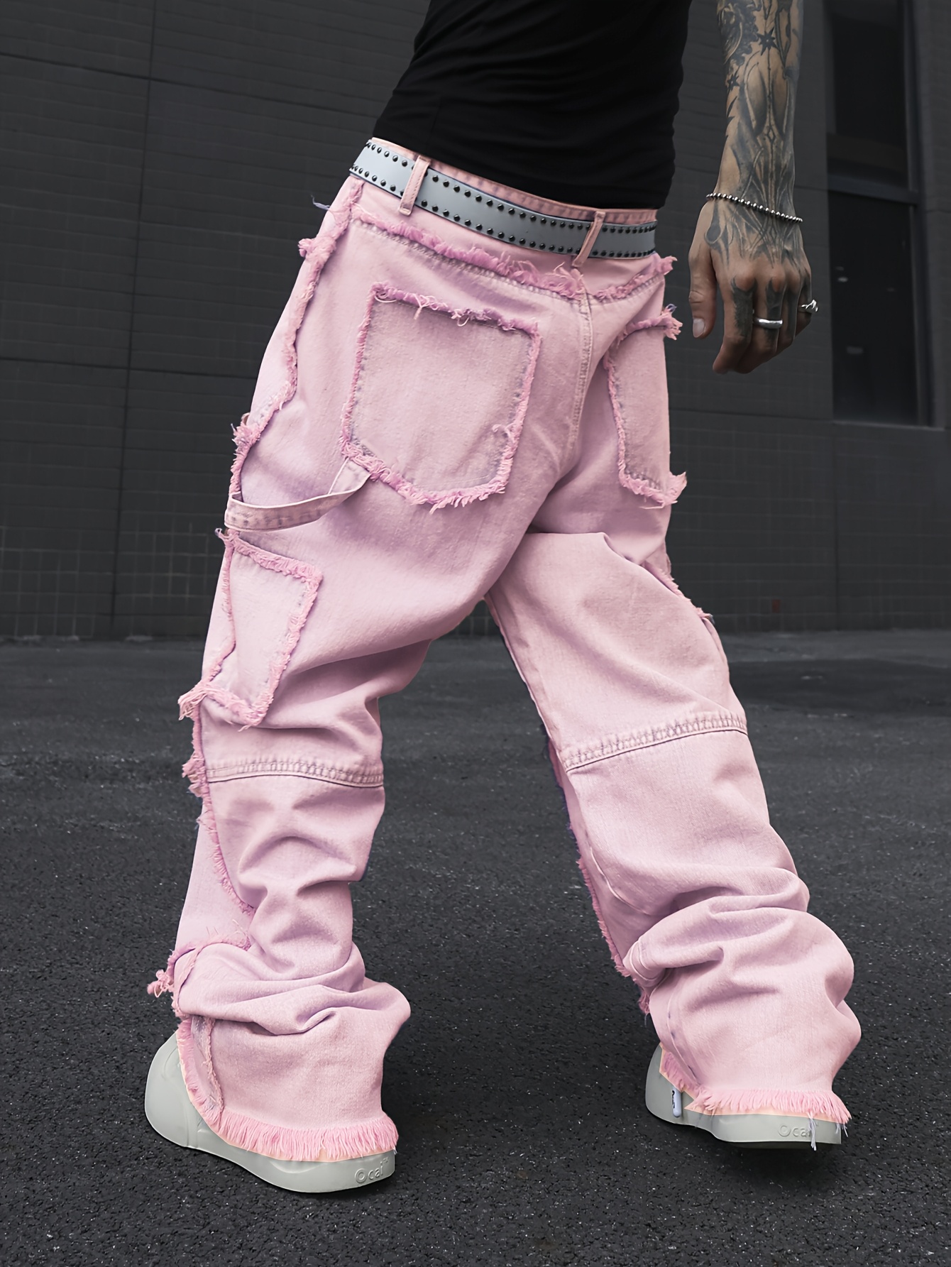 men' pink denim wide leg jeans frayed hem 100% cotton Temu Portugal