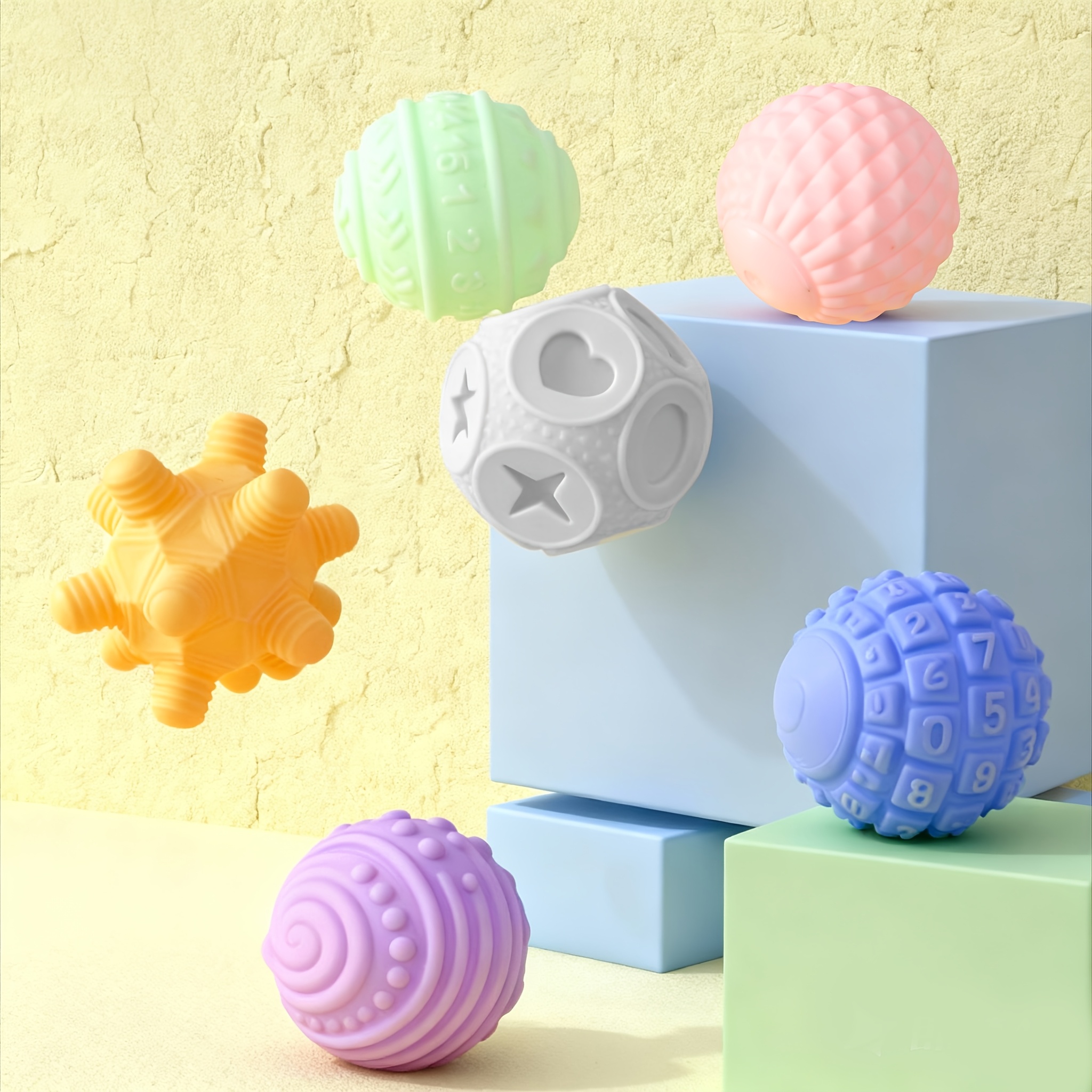 Image of 6-pack Infant New Dark Textured Macaron Touch Balls With Letters And Numbers | Bright Grasping Massage Sensory Balls For Baby Water Play And Grip Training, Pvc Material