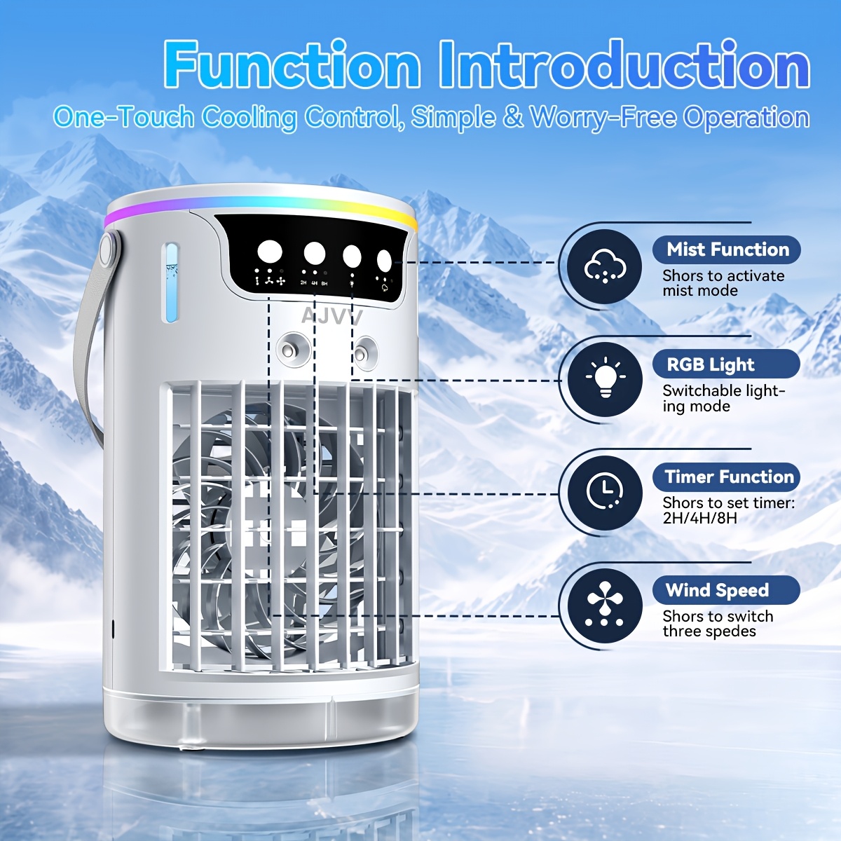 portable 3 in 1 air conditioner fan with usb c humidifying cooling 40 57oz water tank remote control and programmable timer 7 color led lights multiple fan   for bedroom living room office dorm