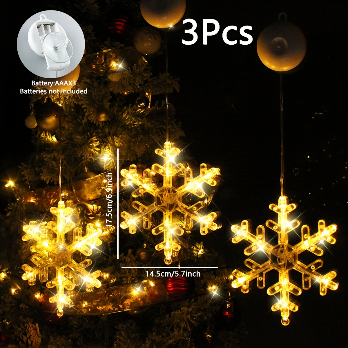 TEMU 3 pièces, Guirlande Lumineuse à Ventouses de Neige de Noël, Luminaires Fantaisie, Lumières Rideau, Décoration de Fenêtre, Décorations de Noël,
