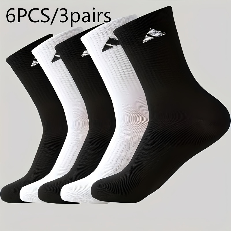 TEMU 6pcs (3 Pairs) Men's Mid-calf Socks, High-waist Full-length Sports Socks, Solid Color Easy Elasticated Socks, Unisex Couple's Versatile