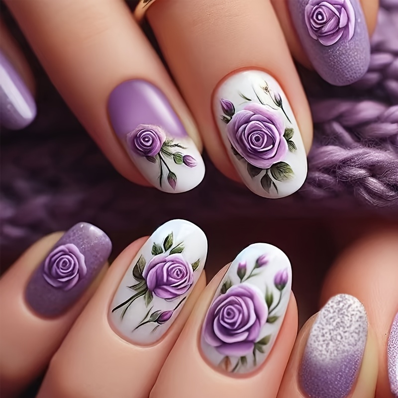 

24pcs Elegant Purple Rose Press-on Nail Set For Women - Short Oval With 3d , Includes Jelly Glue & Nail File - Valentine's Day, Flower Nail Charms