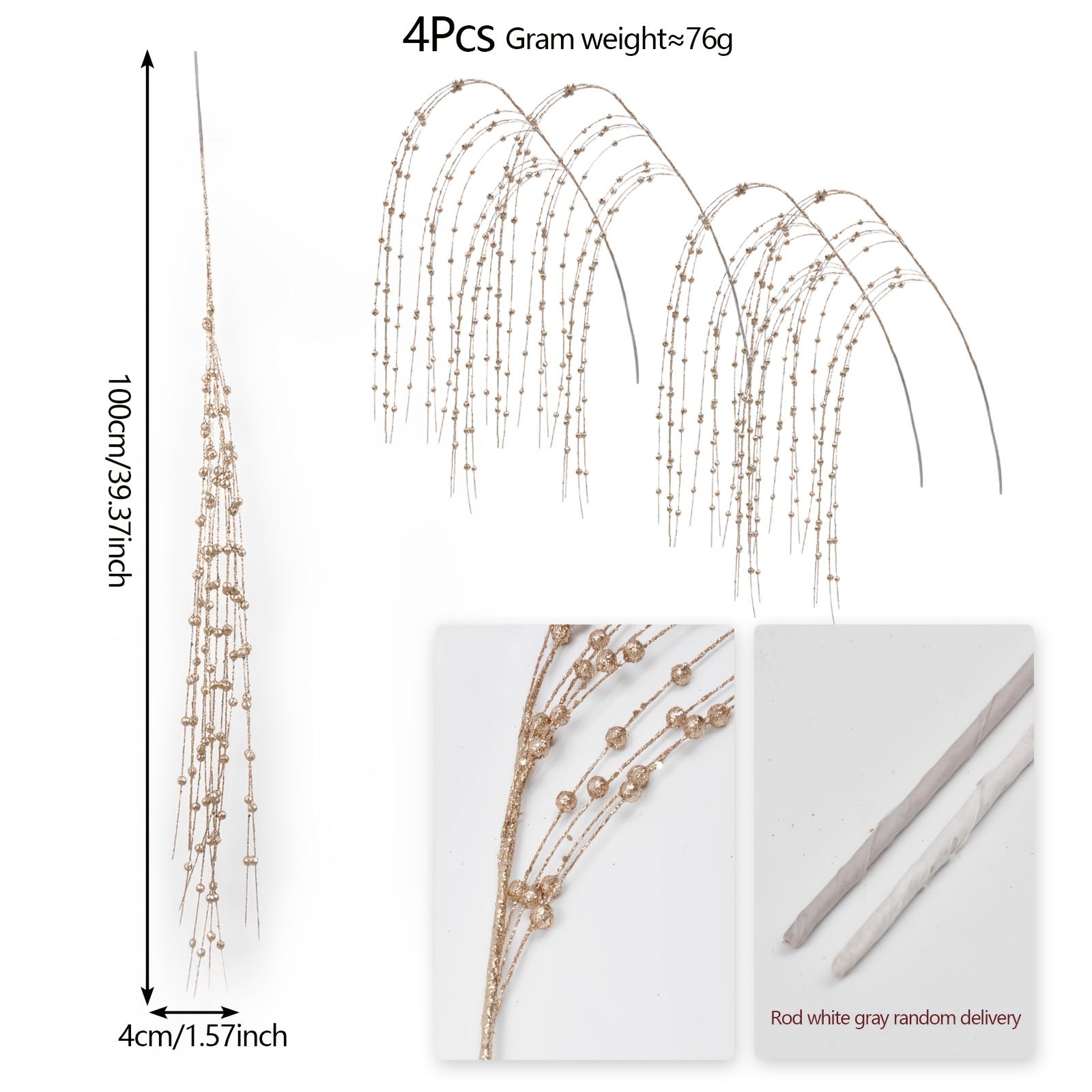 TEMU 4 Branches 39.37in Artificial Champagne Color Stem Ornaments, Christmas Decoration Shiny Branches, Picks, Branches, Wreaths, Small Vases,