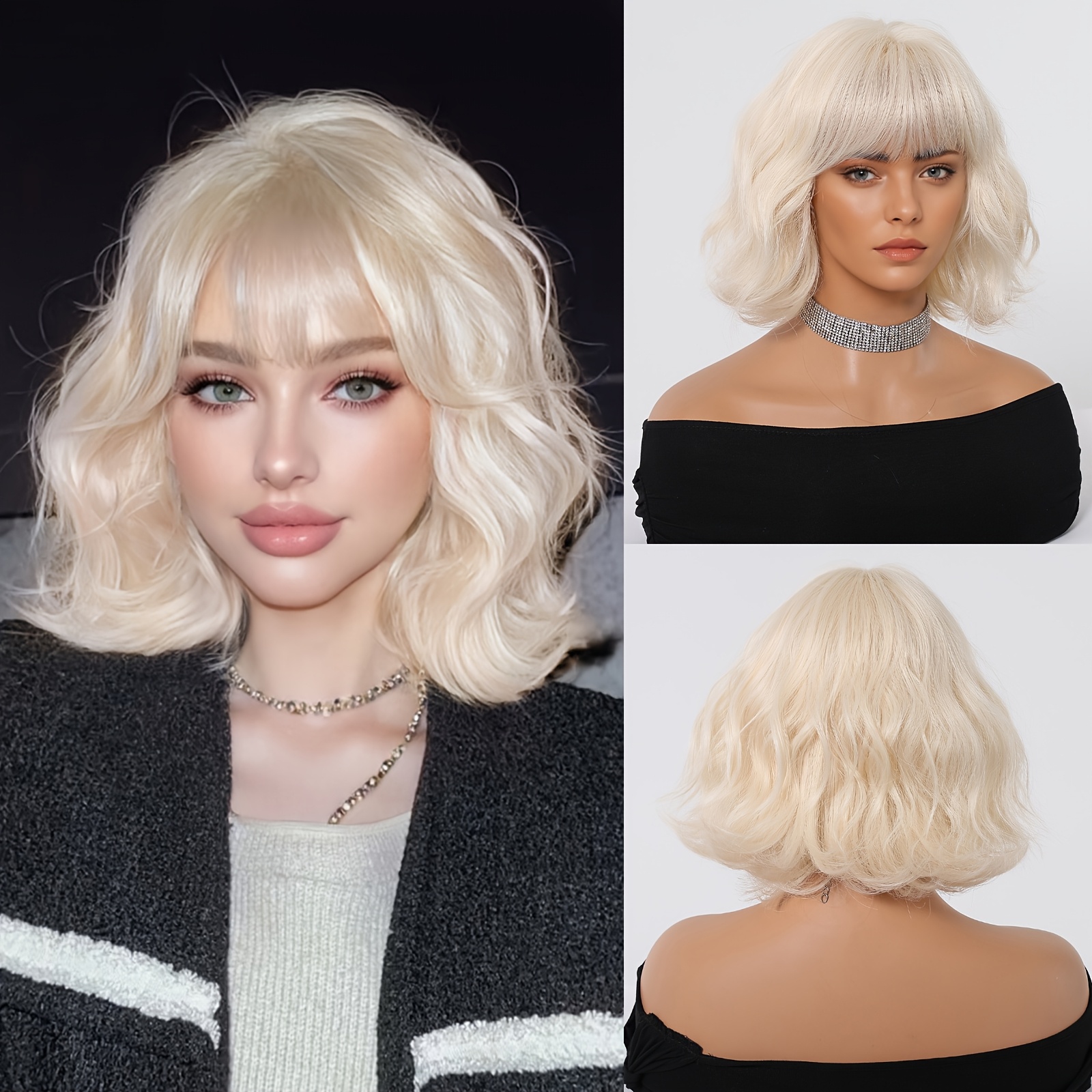 

Elegant 10-inch White Blonde Short Curly Wig With Bangs For Women - High Density Synthetic Hair, Cosplay &