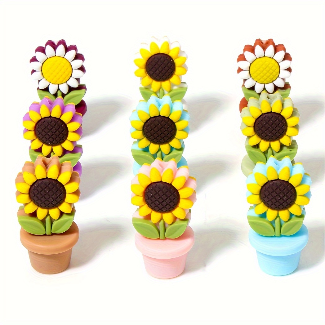 

8 Pcs Sunflower Potted Silicone Beads, 8 Colors, Focus Spacer Beads, For Jewelry Making Handmade Diy Pen Decoration Necklace Bangle Key Bag Chain And Other Crafts