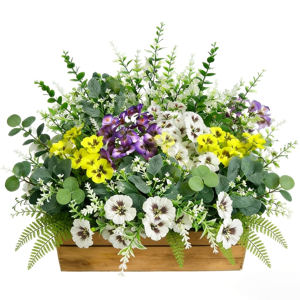 UV-Resistant Artificial Flower Bouquet with Pansy, Lavender, Ferns & Eucalyptus - Realistic Outdoor/ Wedding Centerpieces Suitable for Garden, Patio, Window Box Decor - Durable Plastic   for - Tabletop Arrangements, No Maintenance