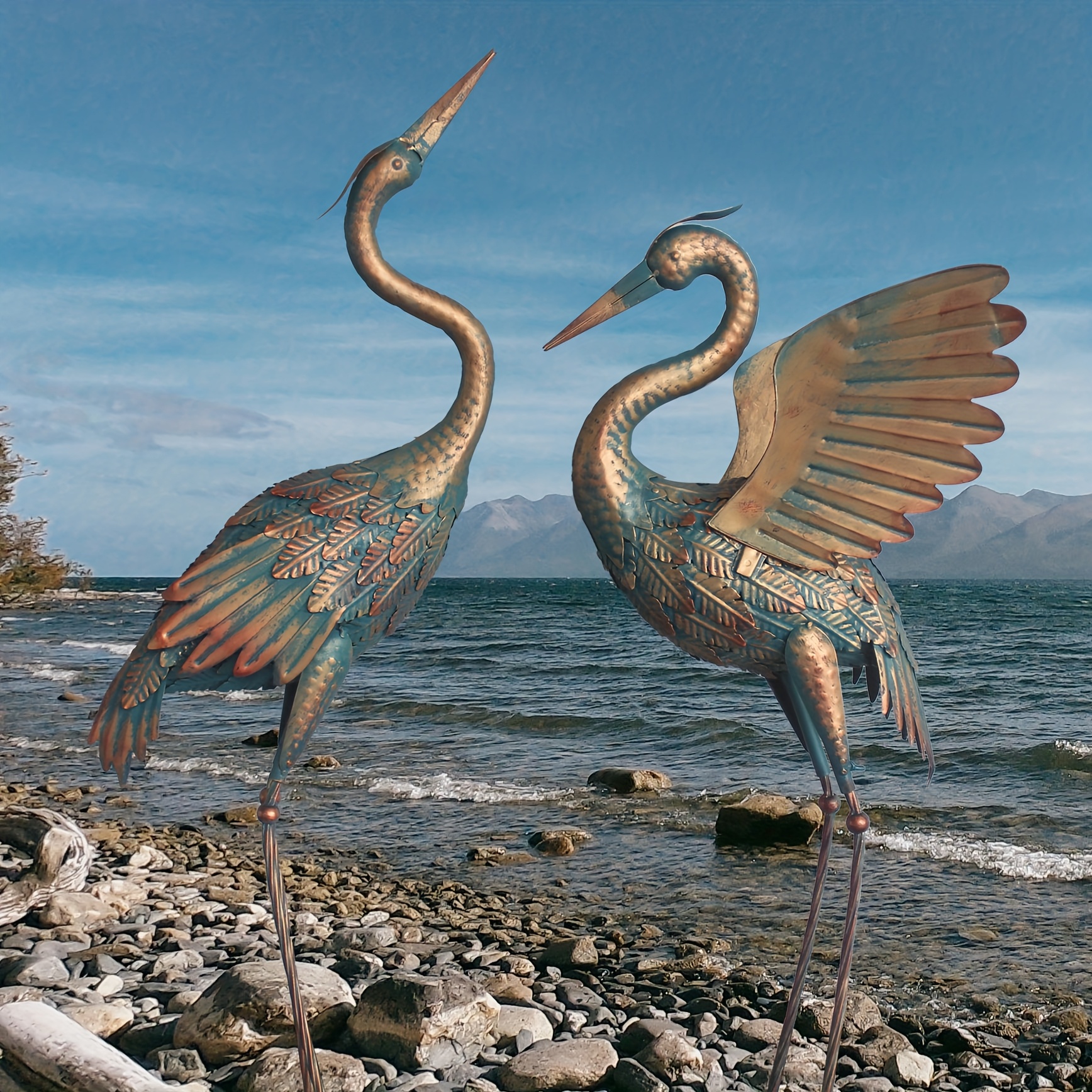 Image of 33-37 Inch Iron Crane Garden Statue Decor, Outdoor Statues, Bird Heron Garden Sculpture & Statues, Outdoor Decoration For Yard Pond Lawn Backyard Pool, Set Of 2 Copper, Decorations