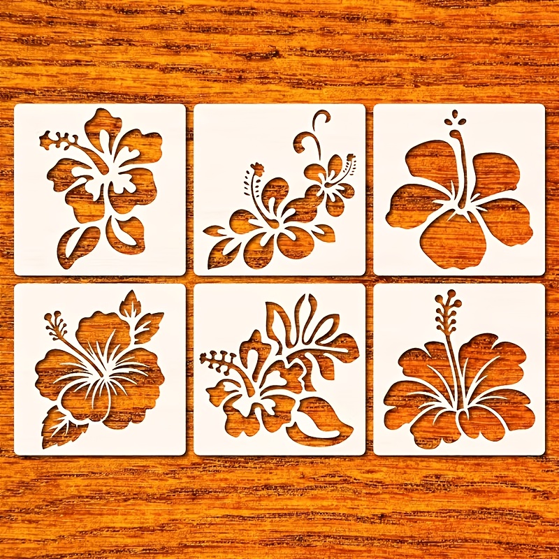 TEMU 6pcs Hibiscus Flower Template Set, Reusable Painting Stencils Suitable For Crafts, Fabric Transfers, Collages, Cards, Carving, And Etching -