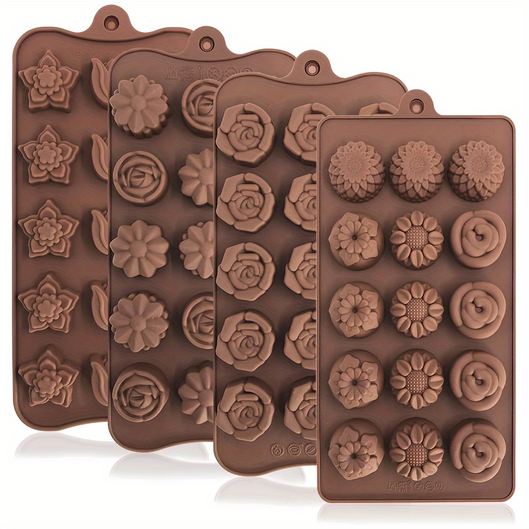 

4pcs/set Flower Shape Silicone Mold Chocolate Candy Baking Mold With Silicone Mold For Wedding, Festival, Party, Diy Lovers - 15 Cavities