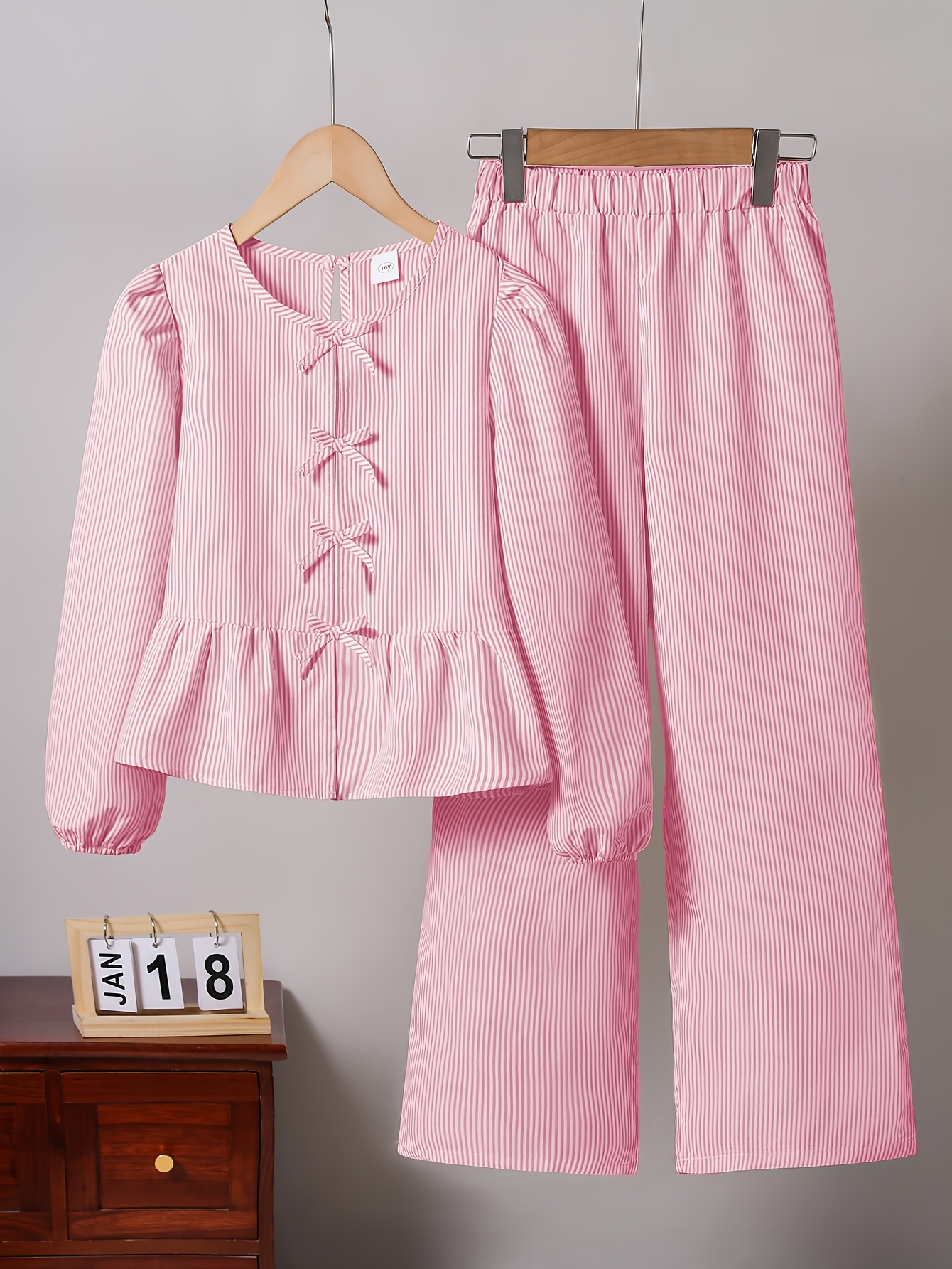 girls spring autumn fashion solid colored bow tie striped long sleeved top loose straight leg pants 2pcs set casual suit very suitable for outdoor play   outdoor