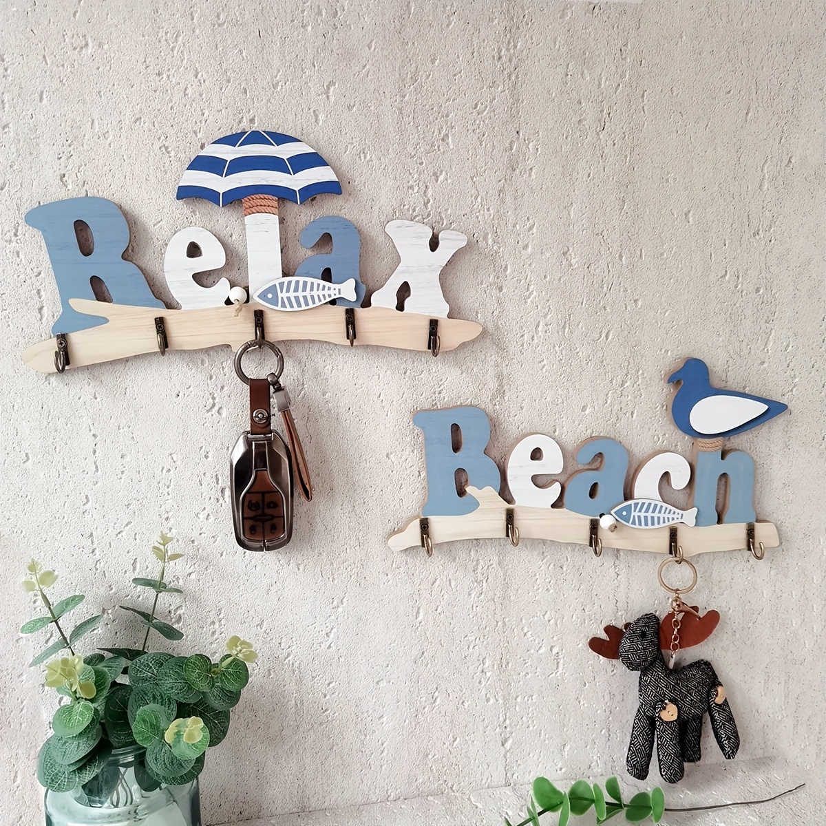 

Beach Themed Wooden Key Hook Rack With Easy Wall Mount - Casual Style, Mediterranean Decor Hooks For Keys, Sun Hats, Sunglasses, Towels - Perfect For Home Or Restaurant Decoration