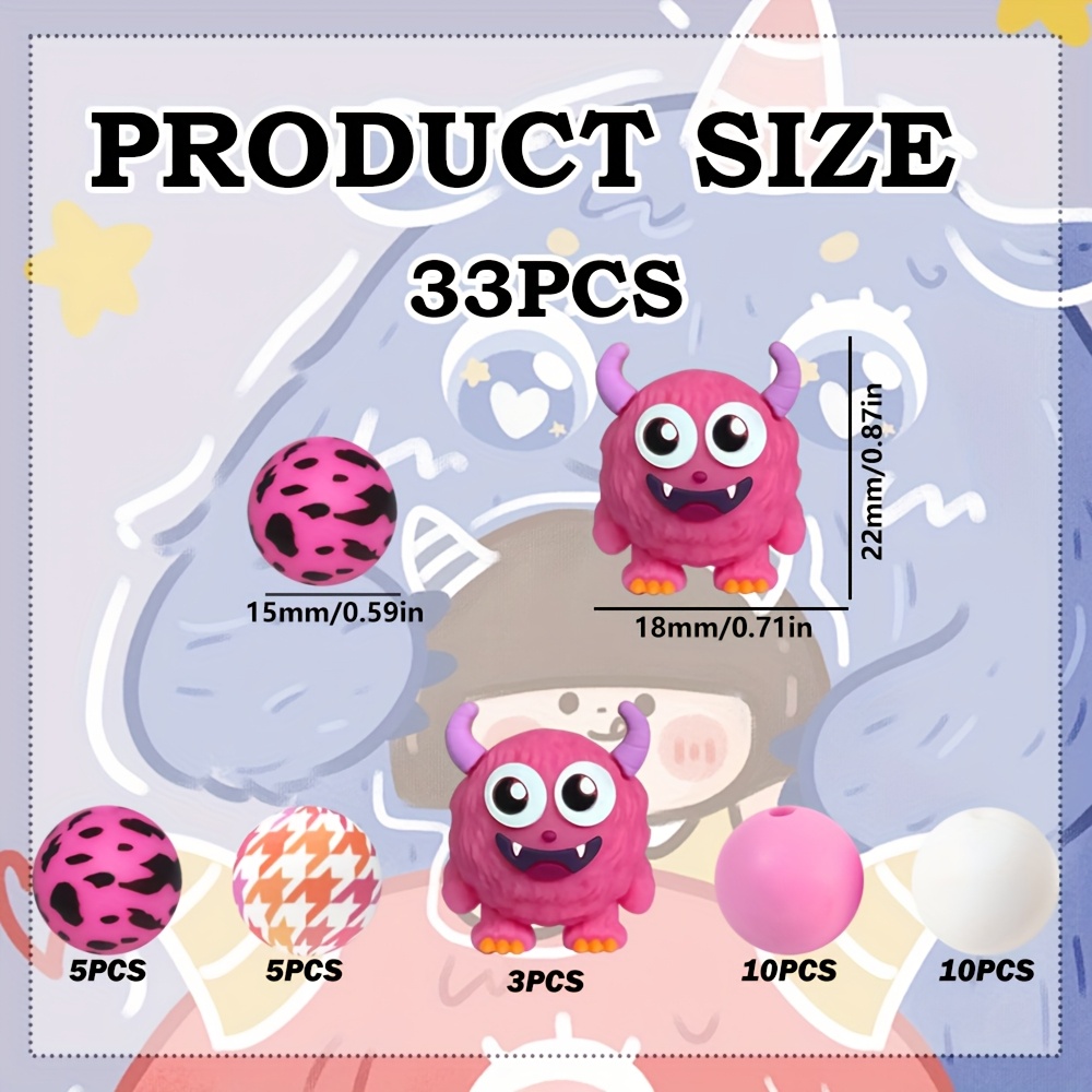 TEMU 33 pièces Perles Focales en 3D Monstres Colorés pour la Création de Bijoux DIY, Adaptées aux Stylos, Stylos-Plume, Porte-Clés, Bracelets, ,