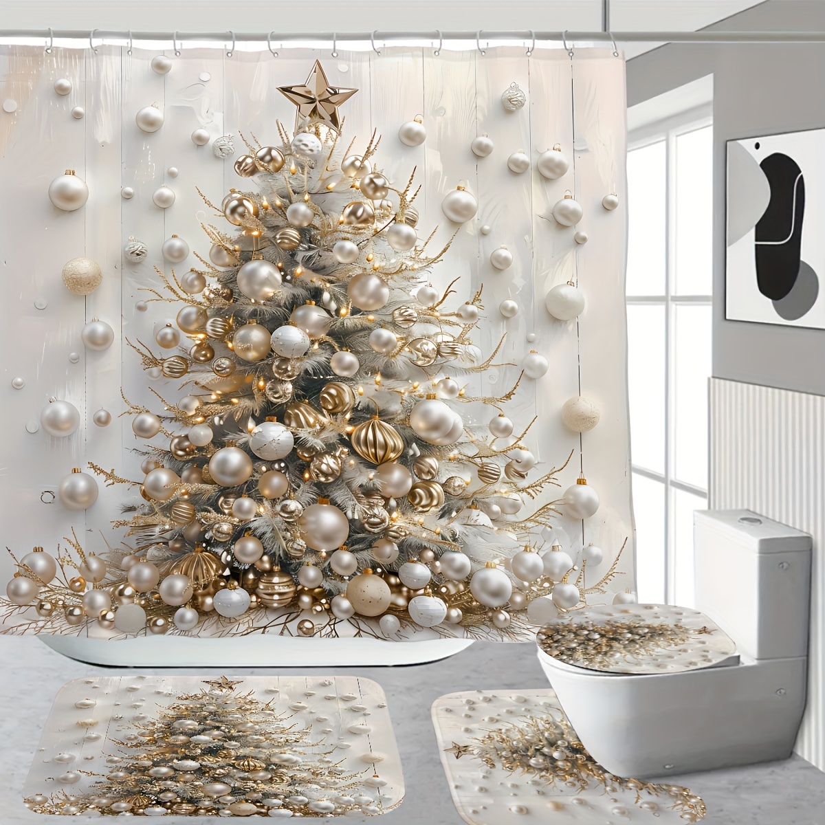 

1/4pcs Christmas Decoration Pattern Printed Shower Curtain Bath Mat Set, Decoration Shower Curtain Carpet And Lid Polyester Cloth Shower Curtain 12 Plastic 180*180cm