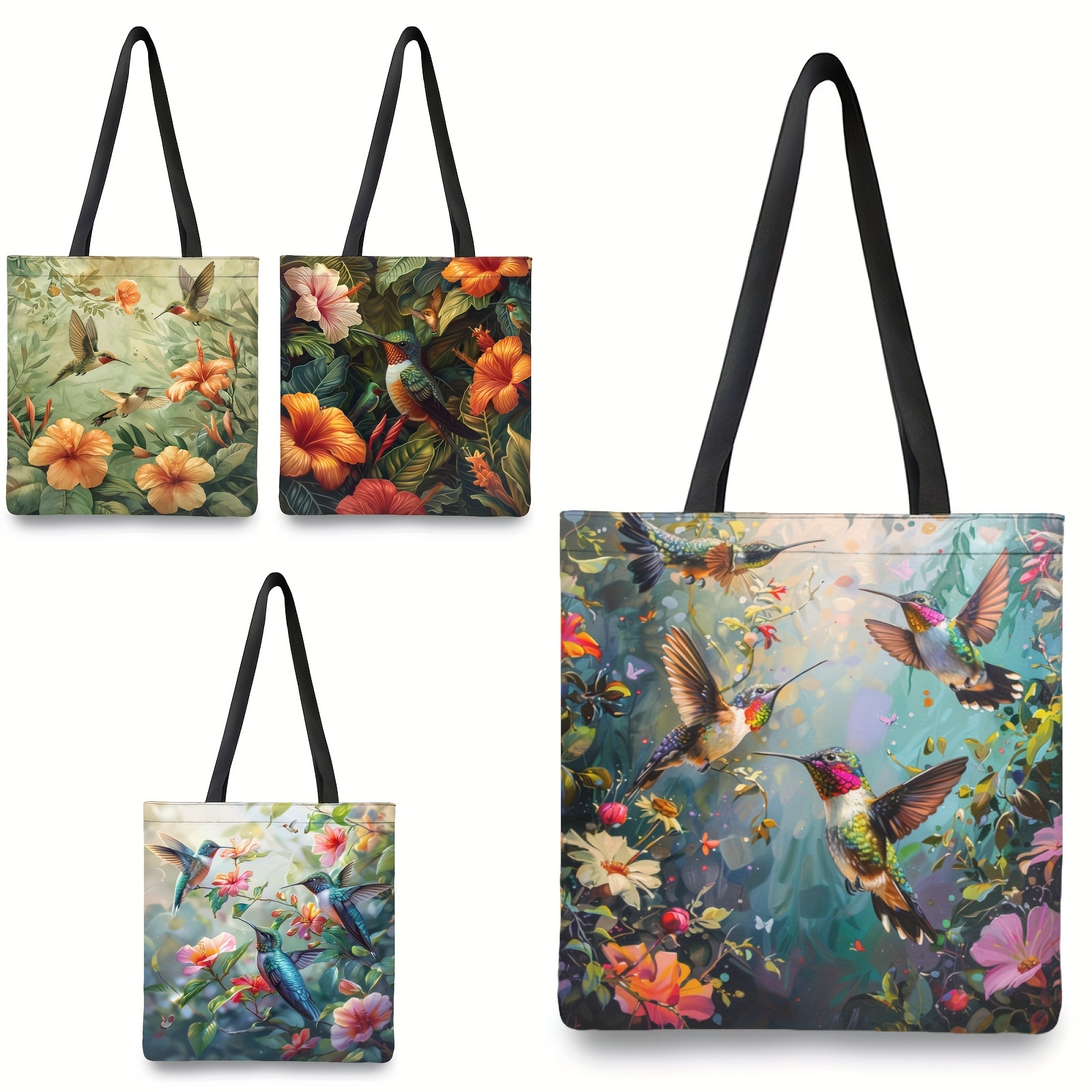 

1pc Tote Bag With Vibrant Hummingbird & Floral Print, , No-closure, Lining, Travel & Beach, 13.7x15.7 Inches