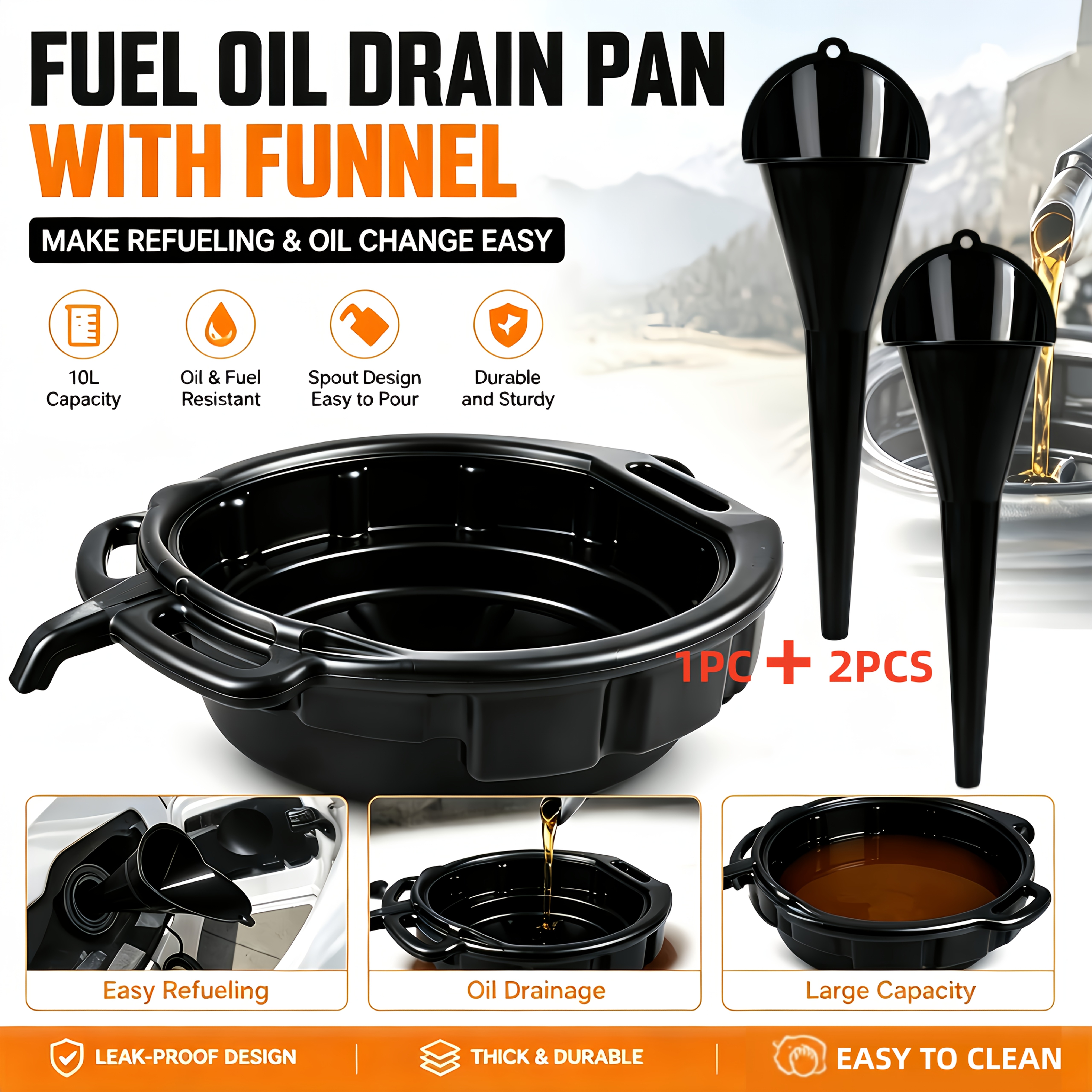 TEMU 3 Sets/extended Angle Tilted Funnel And Heavy Duty Plastic Oil Pan, Manual Fueling Tool, Suitable For Car And Additives, 2.64 Gallons Heavy Duty
