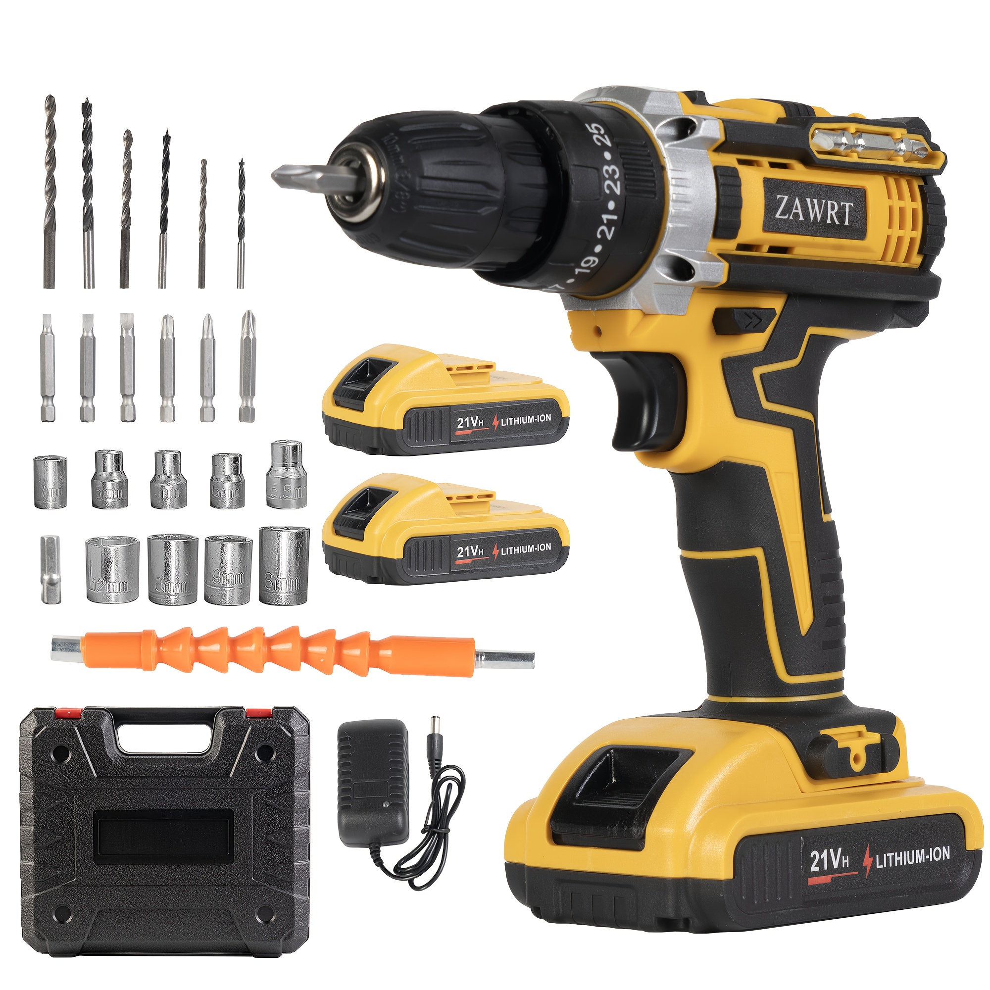 TEMU 21v Cordless Impact Wrench, Wireless Drill Kit, Brushless Electric Impact Gun Drill, With 2pcs Batteries, Toolbox, Charger, 6 Sockets And