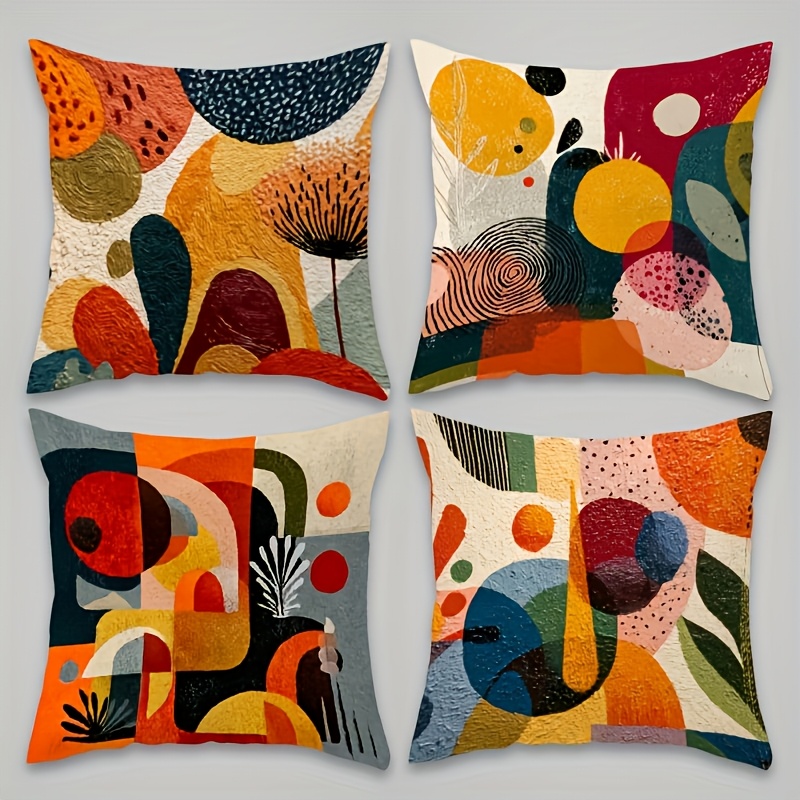 TEMU 4pcs Bohemian Modern Abstract Geometric Cushion Covers - Multicolor Square Pillowcases With Zipper Closure, Soft Suitable For Sofa Bed, Vibrant