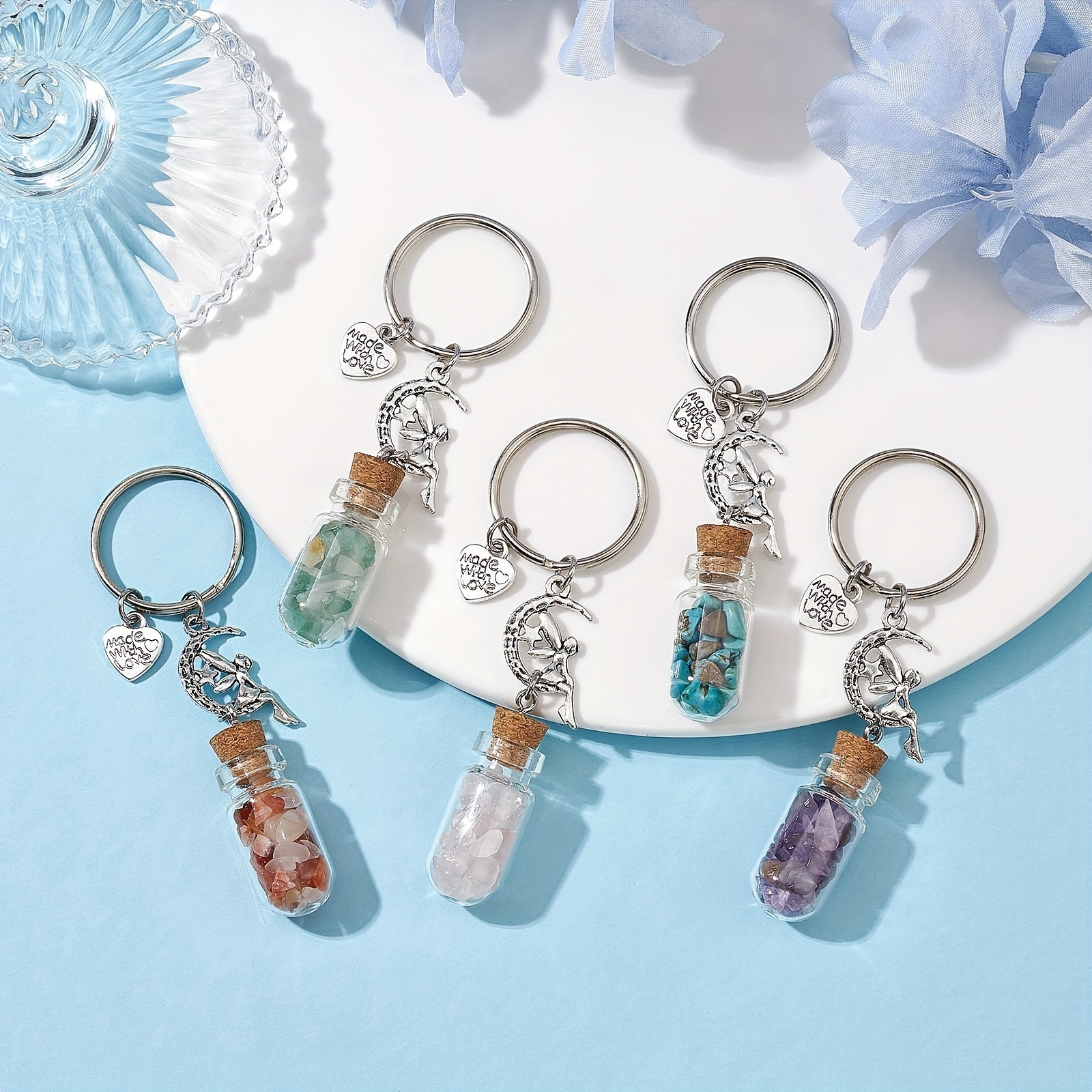 Image of 25pcs Random Color Mixing Glass Wishing Bottle Pendant Keychains With Stone Chip Beads Inside And Iron Split Key Rings For Car Key Bag Decoration