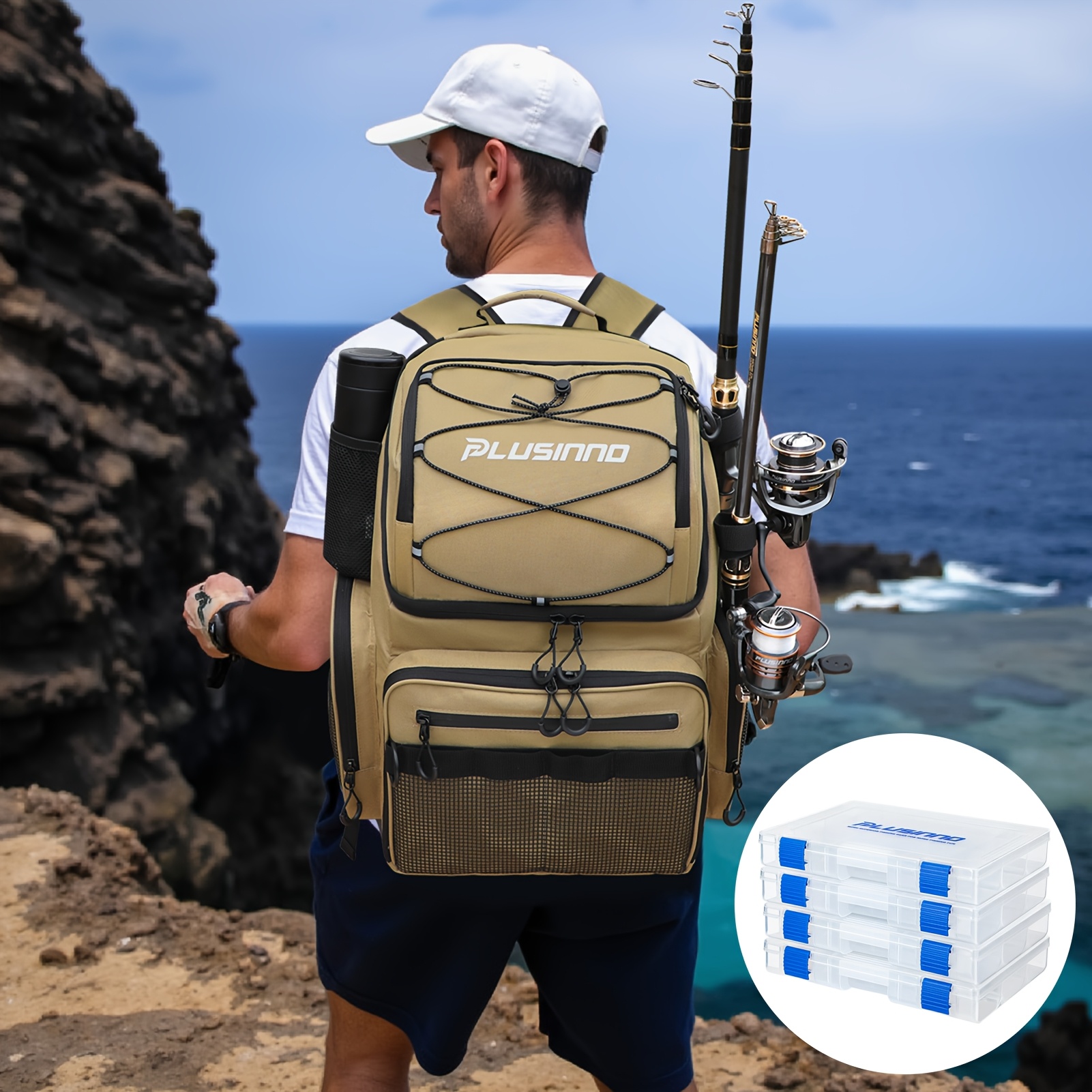 Fishing Tackle Backpack With Rod Holders, 2 Tackle Boxes
