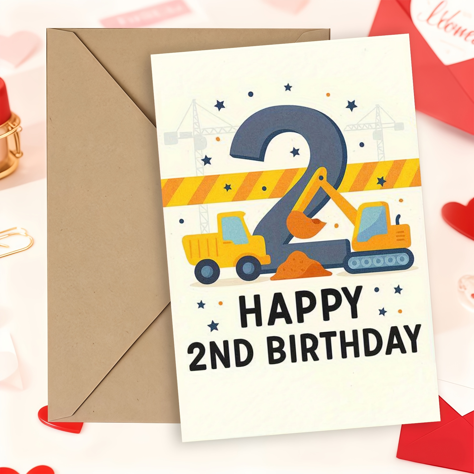 TEMU Carte d'anniversaire 2 ans sur le thème des véhicules de chantier, sentiment "Joyeux 2 ans" avec excavatrice et bulldozer, design plat, livrée