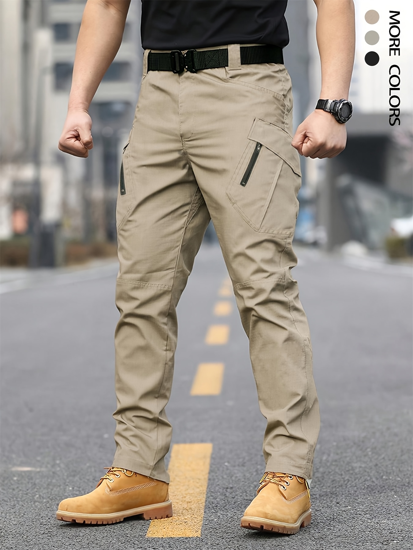 *'S Cargo Pants Street Style, Solid Color, Elastic Waistband with  Zipper, Multiple Pockets, Breathable Fabric, Relaxed Fit, Durable and
