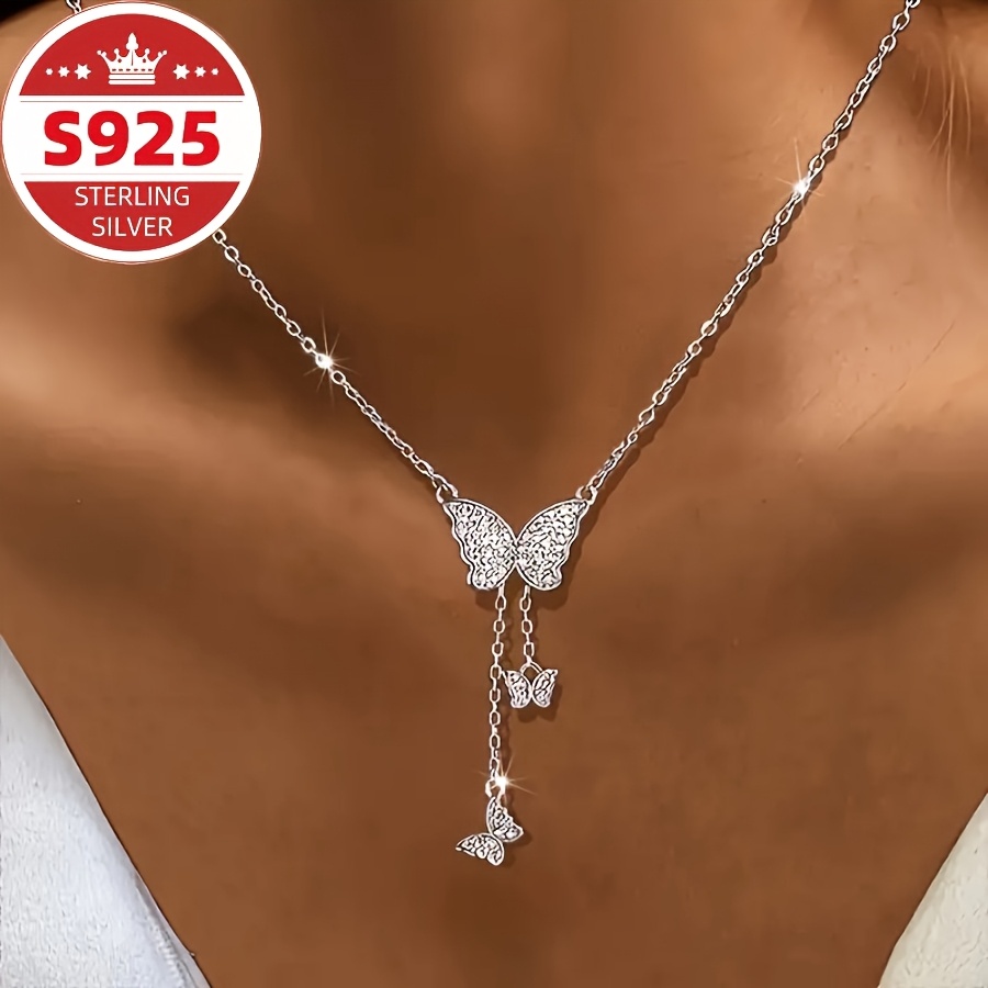 TEMU S925 Reines Silber, Elegante Schmetterling Anhänger Halskette für Damen, Luxuriöses Quasten Design, für und Urlaub, Ideales Weihnachtsgeschenk.