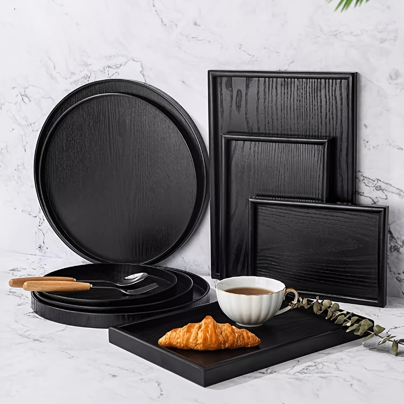 

1pc, Black Wooden Serving Tray Set, Rectangular Platters, Artificial Wood Breakfast And Snack Trays For Home & Restaurant Decor, Household Table Organizers