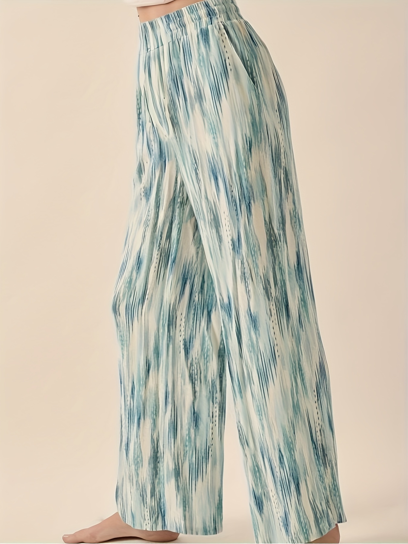 womens elegant abstract print wide leg pants loose comfortable trousers with blue white beige vertical stripes machine washable non stretch fabric for spring summer fall casual semi formal outfits details 2