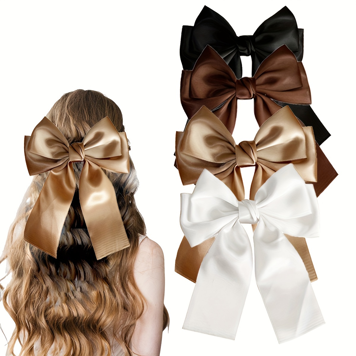 

4-pack Elegant Bow Hair Clips, Black, White, Brown, , Fabric, Cute Bowknot Hair Accessories For , Hair Clips For Hairstyling, Birthday Gift Set