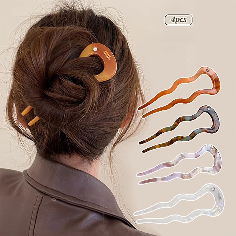 

4pcs Elegant Vintage U-shaped Hairpins For Women – Stylish Plastic Hair Accessories In Tortoiseshell, Amber, Black & Translucent Colors For Bun Hairstyles, Cute Hair Accessories