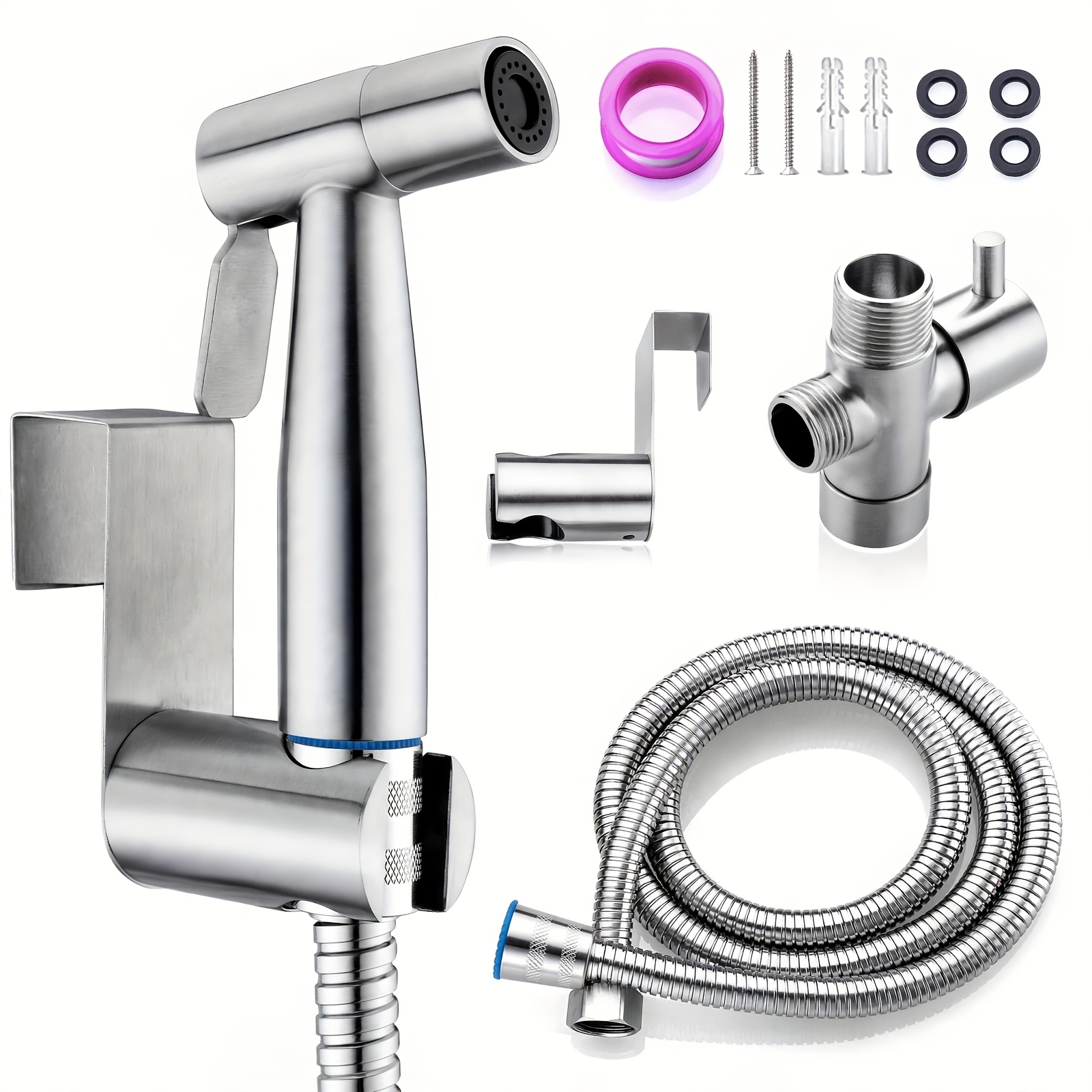 TEMU Bidet Portatif pour Toilette - de Pression d'Eau Réglable avec Tuyau en Acier Inoxydable de 5 Pieds, Facile à Installer, Poignée Ergonomique et
