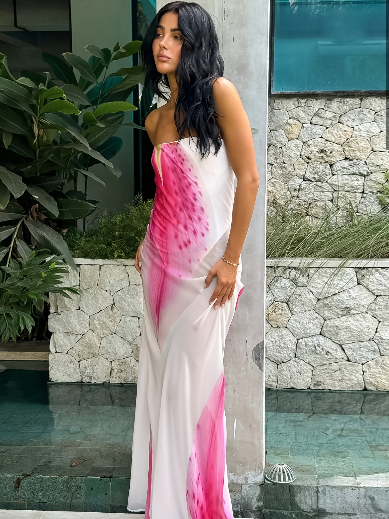 elegant strapless sheer floral maxi dress pink white tie dye - Temu United  Arab Emirates
