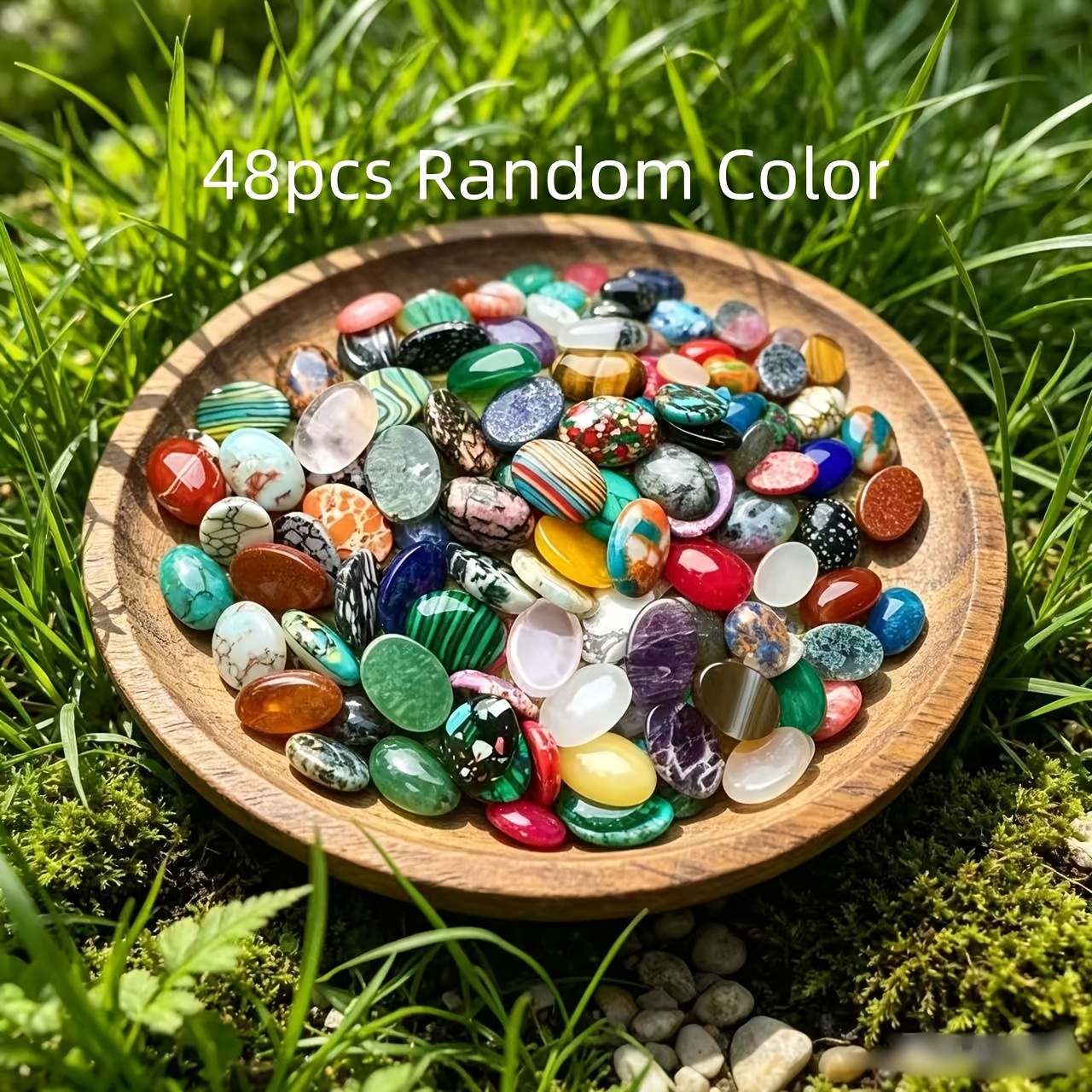 TEMU 48pcs Bulk Pack Of Natural Crystal Half-oval Colored Cabochons, 0.7 Inches, Wholesale Affordable Crystals, Diy Inlay Ring Pendant Loose Stone
