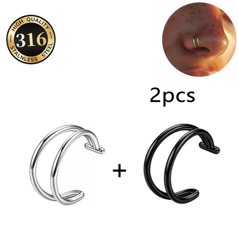 TEMU 2pcs Minimalist 20g Double-layer Open Non-piercing Fake Nose Ring Set - No Piercing Required, Used As A Lip Ring, Skin-friendly And