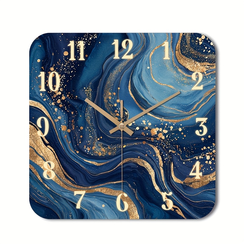 TEMU () 1pc Silent Wall Clock Non-ticking Wooden, Decorative Square Clock Hd Glossy Lamination Finish Abstract Blue Andgoldenswirls With Numbers