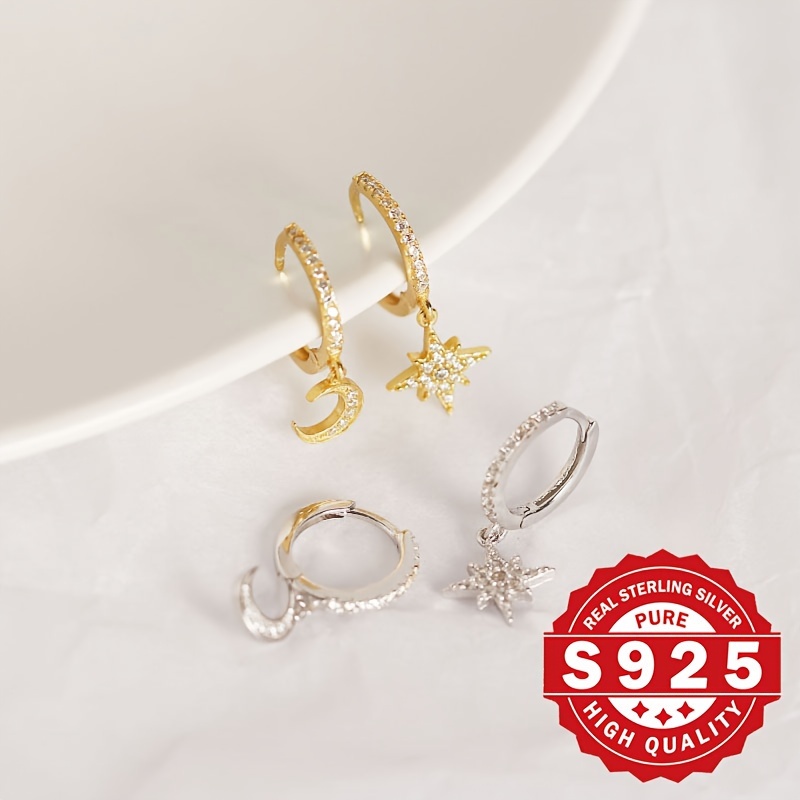 Women's Asymmetrical Star and Moon Stud Earrings, S925 Sterling Silver