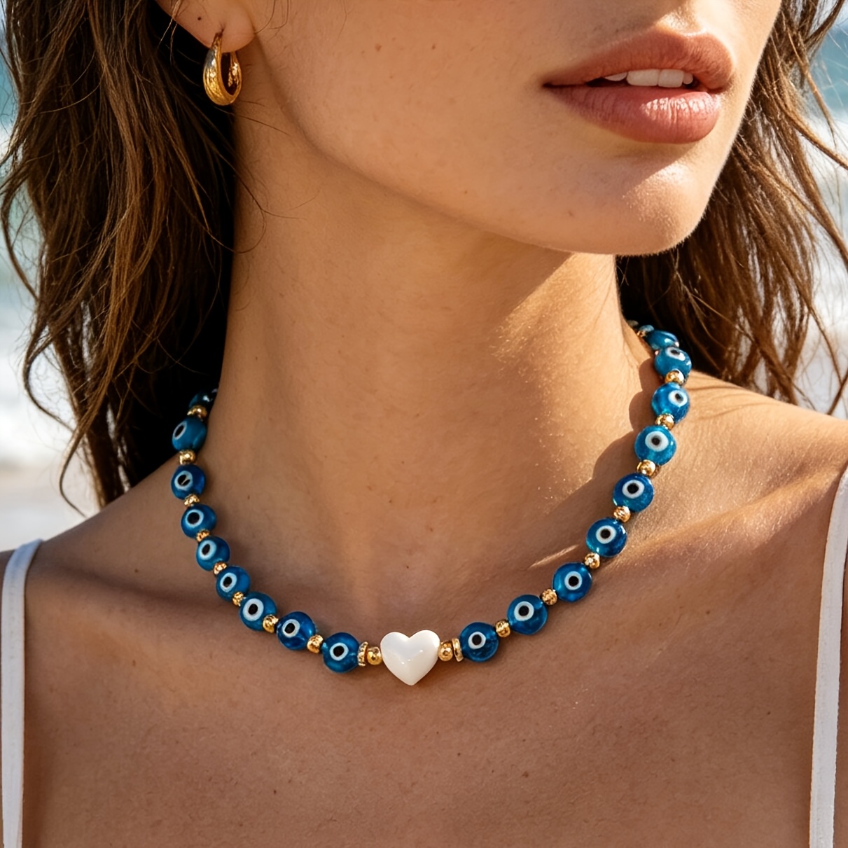TEMU 1 Bohemian Blue Bead White Heart-shaped Women's Fashion Necklace Suitable For Summer Seaside Vacation Music Festival Additions, Perfect Gift For