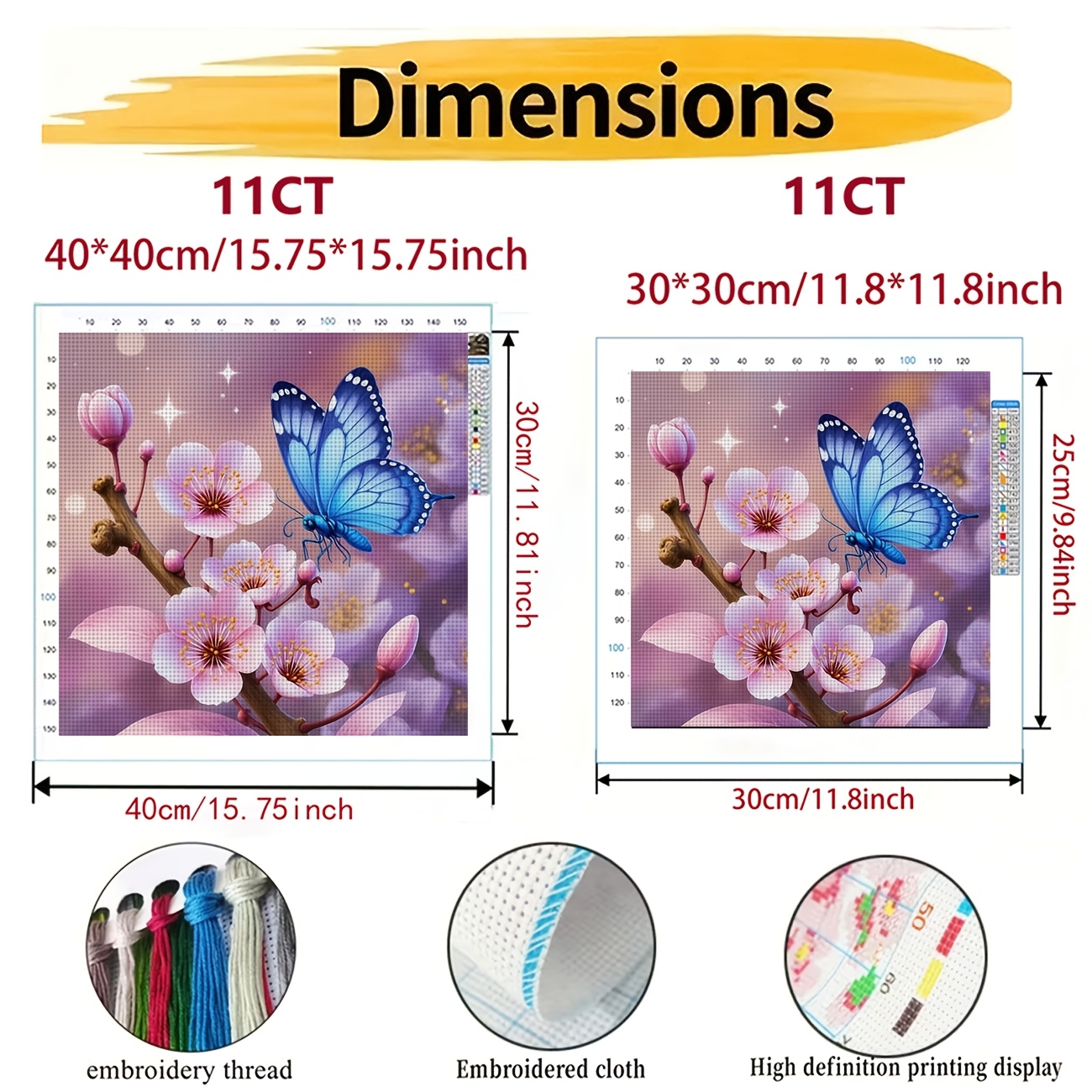 Cross-Stitch Printing Kit Without Frame, Blue Butterfly on Pink Flower Design