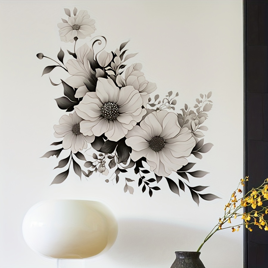 

Elegant Gray & White Floral Wall Stickers - Removable Self-adhesive Pvc Decals, For Bedroom, Living Room, And Door Decor