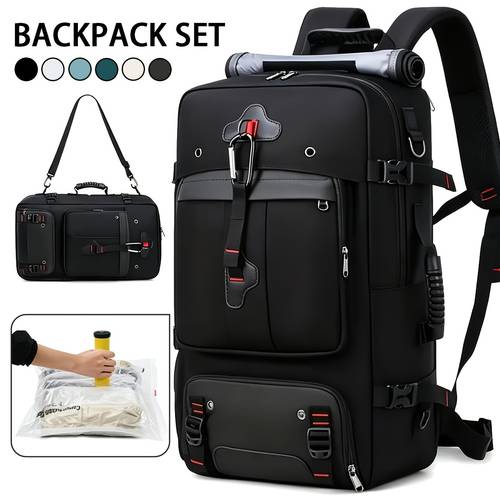 item picture multi functional travel backpack with vacuum compression bags manual pump airline approved carry on suitcase laptop compartment shoe storage convertible single backpack adjustable padded straps for hiking outdoor