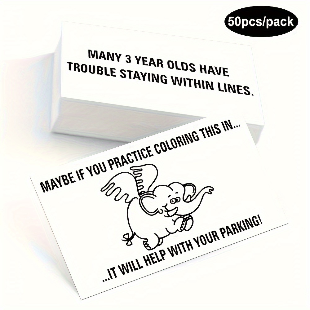 

50 Pack Of Funny Elephant Parking Cards - 3.5x2.1 Inches | Car, Truck, And Motorcycle Parking Warning Notes | English Text | Office Supplies