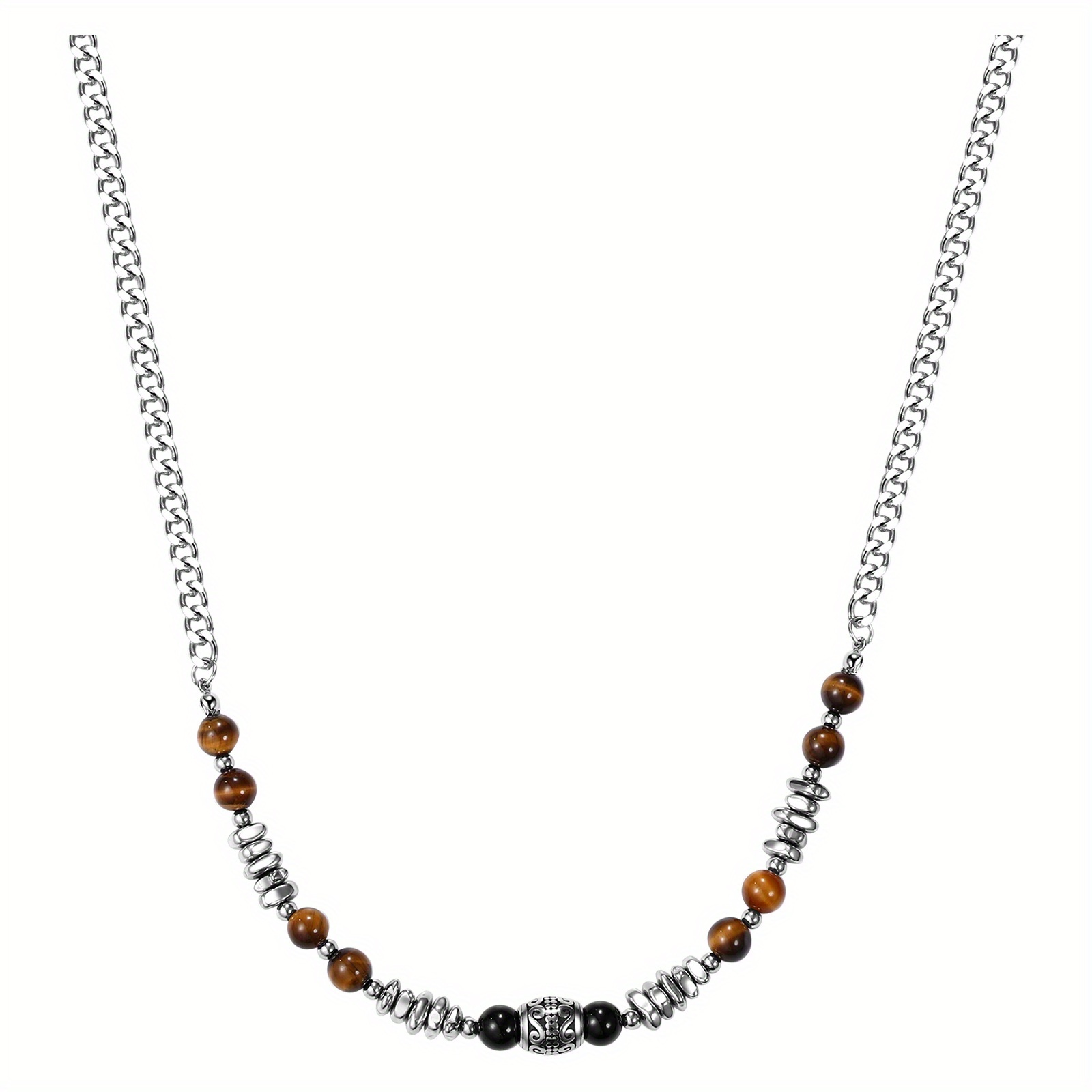 Obsidian Black Necklace For Men And Women: Irregular Geometric Natural Stone Eye Beaded Stainless Steel Cuban Chain Adjustable - Protection Necklace Gift