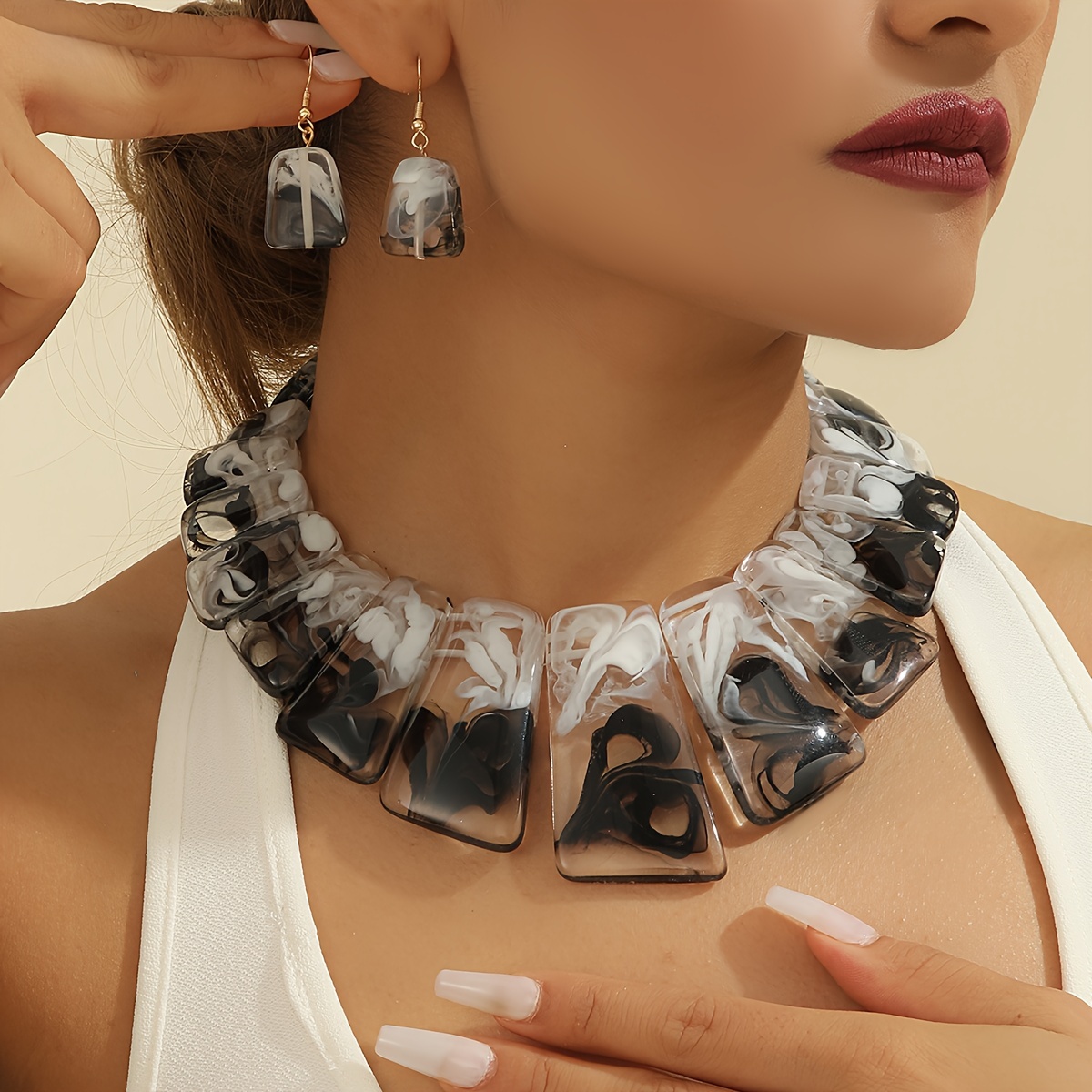 

Boho-chic Black Acrylic Jewelry Set - Painting Design With Geometric Necklace & Earrings, Parties & Beach