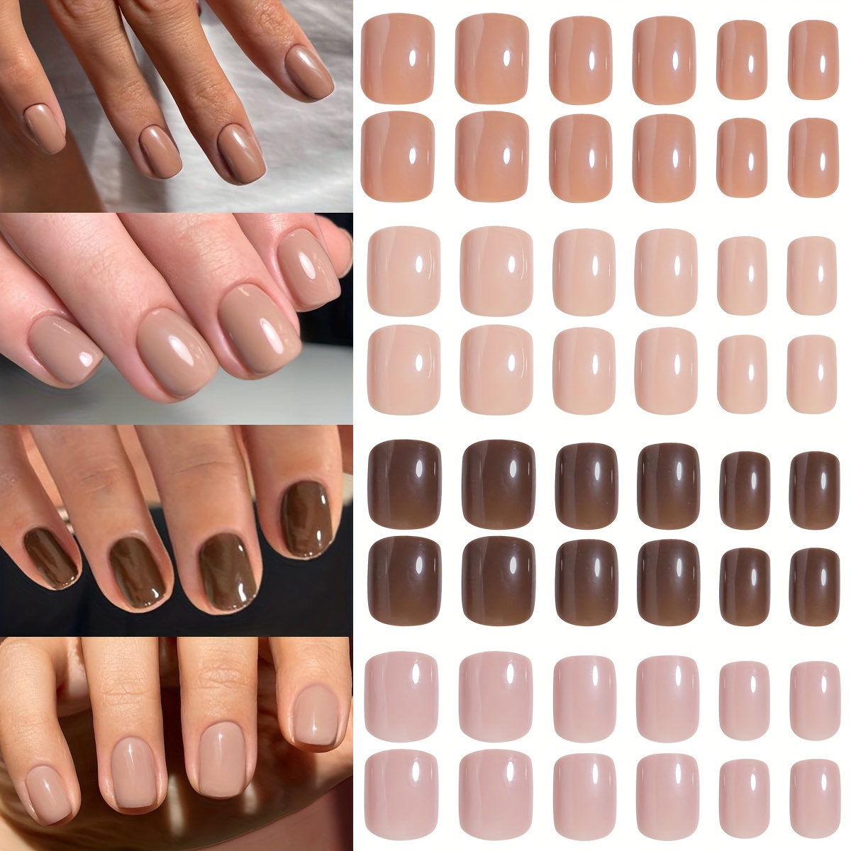 

4-grid Box Assorted Brown Short Square False Nails Set, Pre-glued Press-on Artificial Nail Tips, Easy Application, Home Manicure Supplies, Salon Look, Multiple Sizes